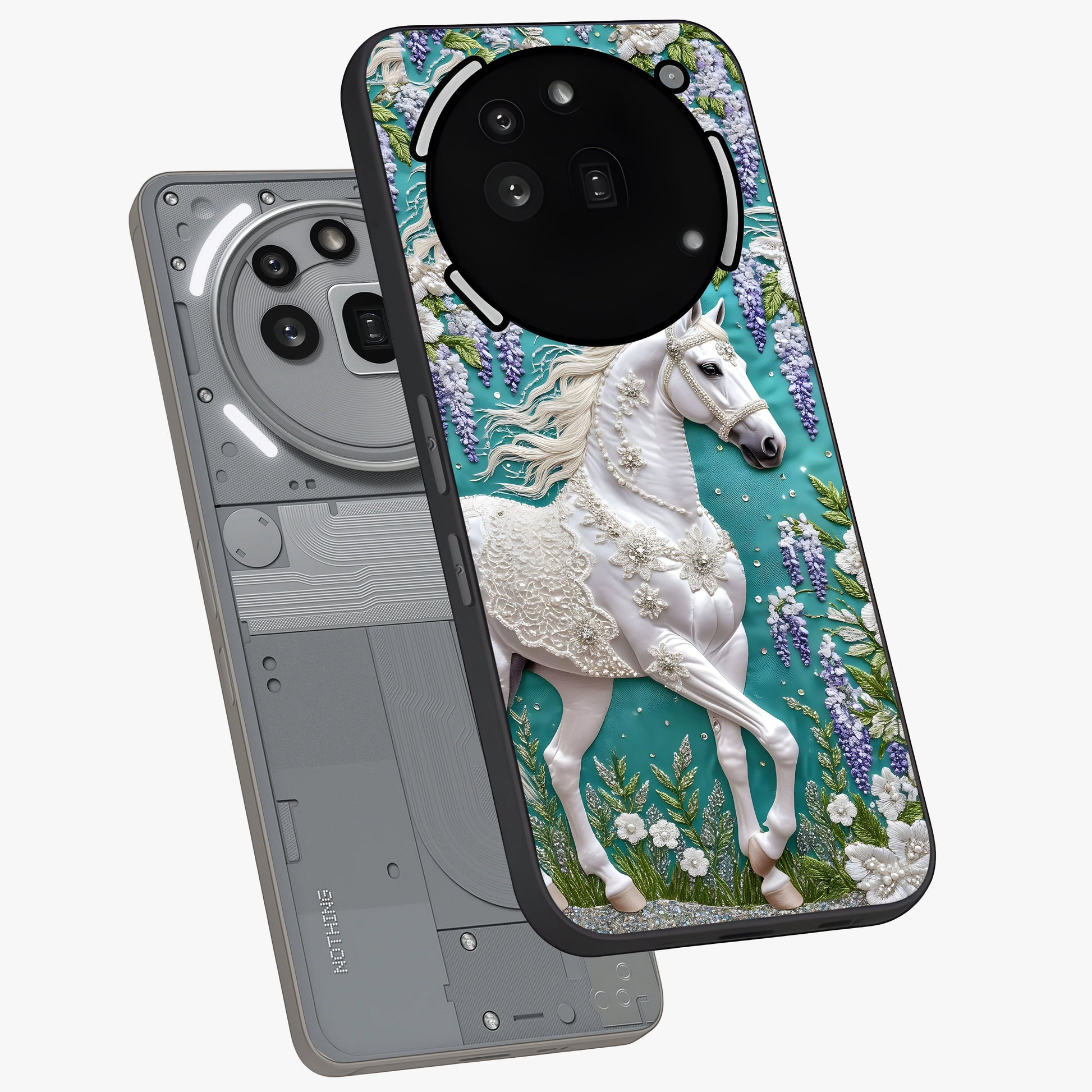 Majestic Floral Stallion Glass Case displayed in angled mockup highlighting majestic stallion illustration with elegant floral aesthetic.