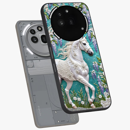 Majestic Floral Stallion Glass Case displayed in angled mockup highlighting majestic stallion illustration with elegant floral aesthetic.