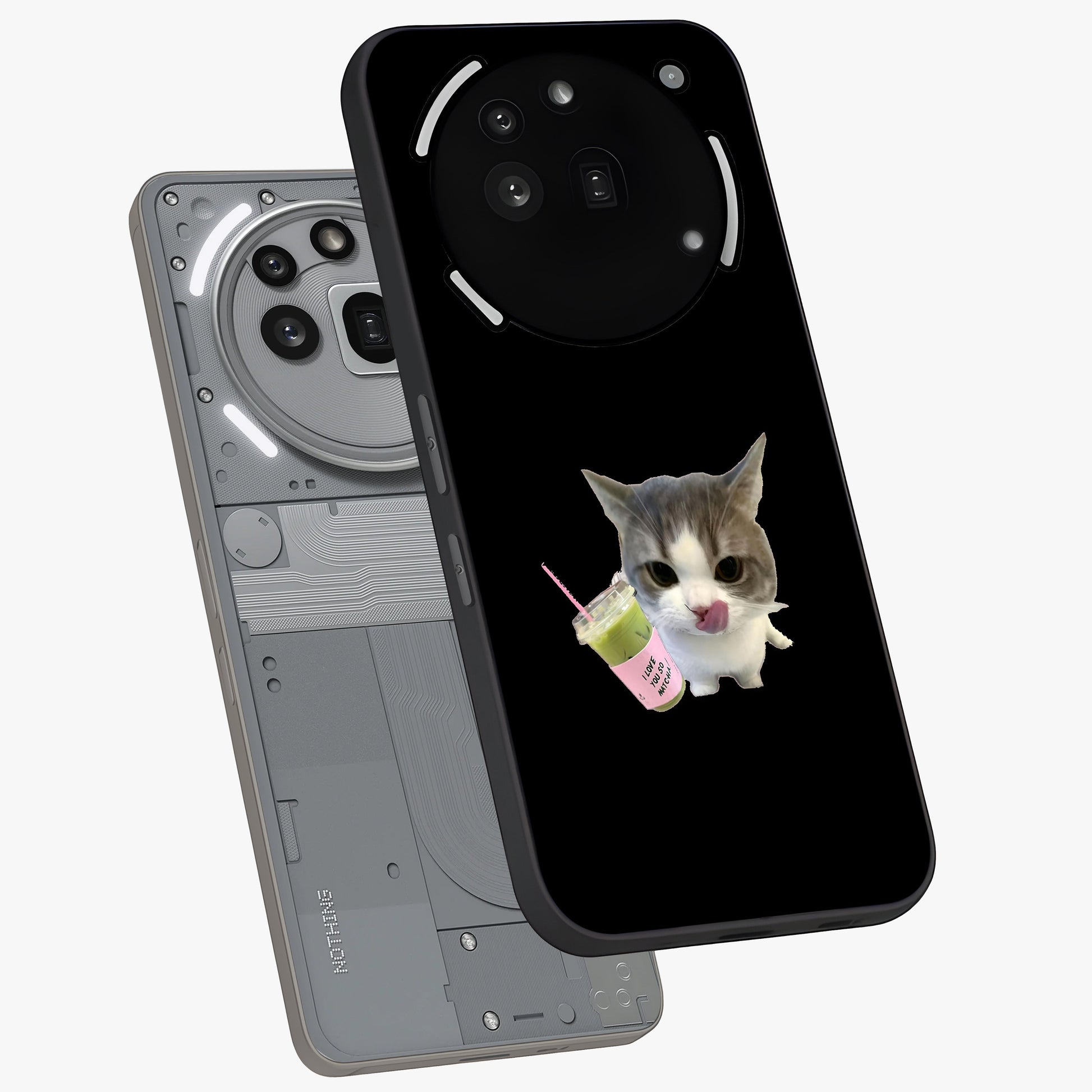 Matcha Cat Style Glass Case displayed in angled mockup highlighting playful feline design with pastel matcha aesthetic.