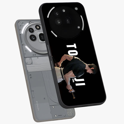 Midnight Blade Resolve Glass Case displayed in angled mockup highlighting powerful blade illustration with dramatic dark aesthetic.