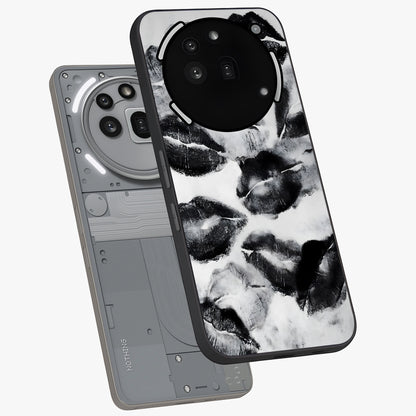 Midnight Kiss Marks Glass Case displayed in angled mockup highlighting playful romantic design with bold midnight aesthetic.