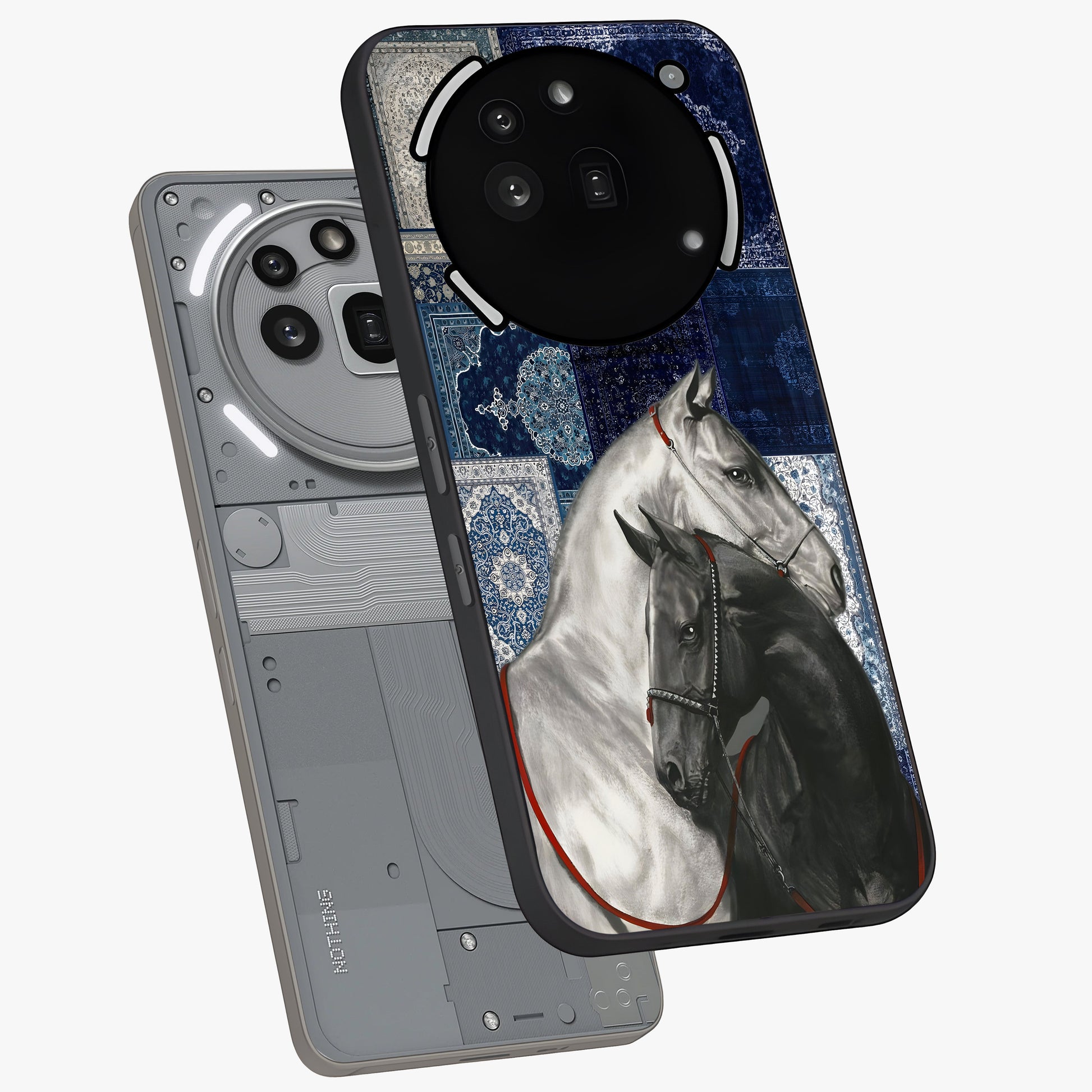 Midnight Stallion Blues Glass Case displayed in angled mockup highlighting powerful stallion illustration with deep midnight tones.