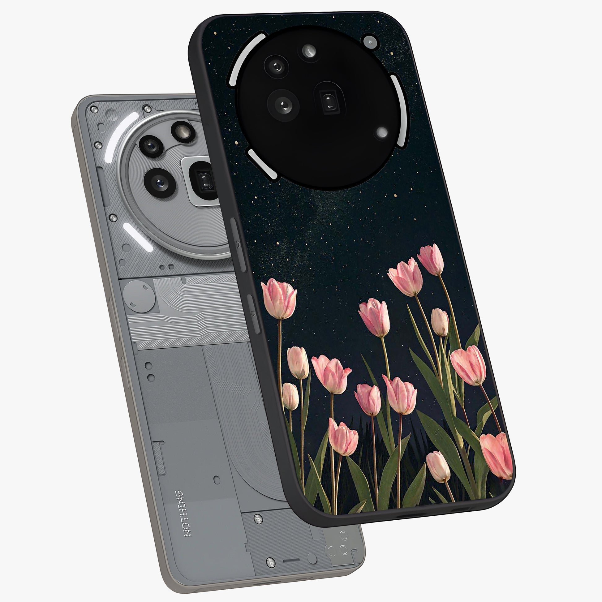 Midnight Tulip Whispers Vibe Glass Case displayed in angled mockup highlighting delicate tulip design with midnight floral aesthetic.
