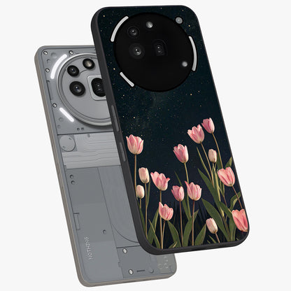 Midnight Tulip Whispers Vibe Glass Case displayed in angled mockup highlighting delicate tulip design with midnight floral aesthetic.