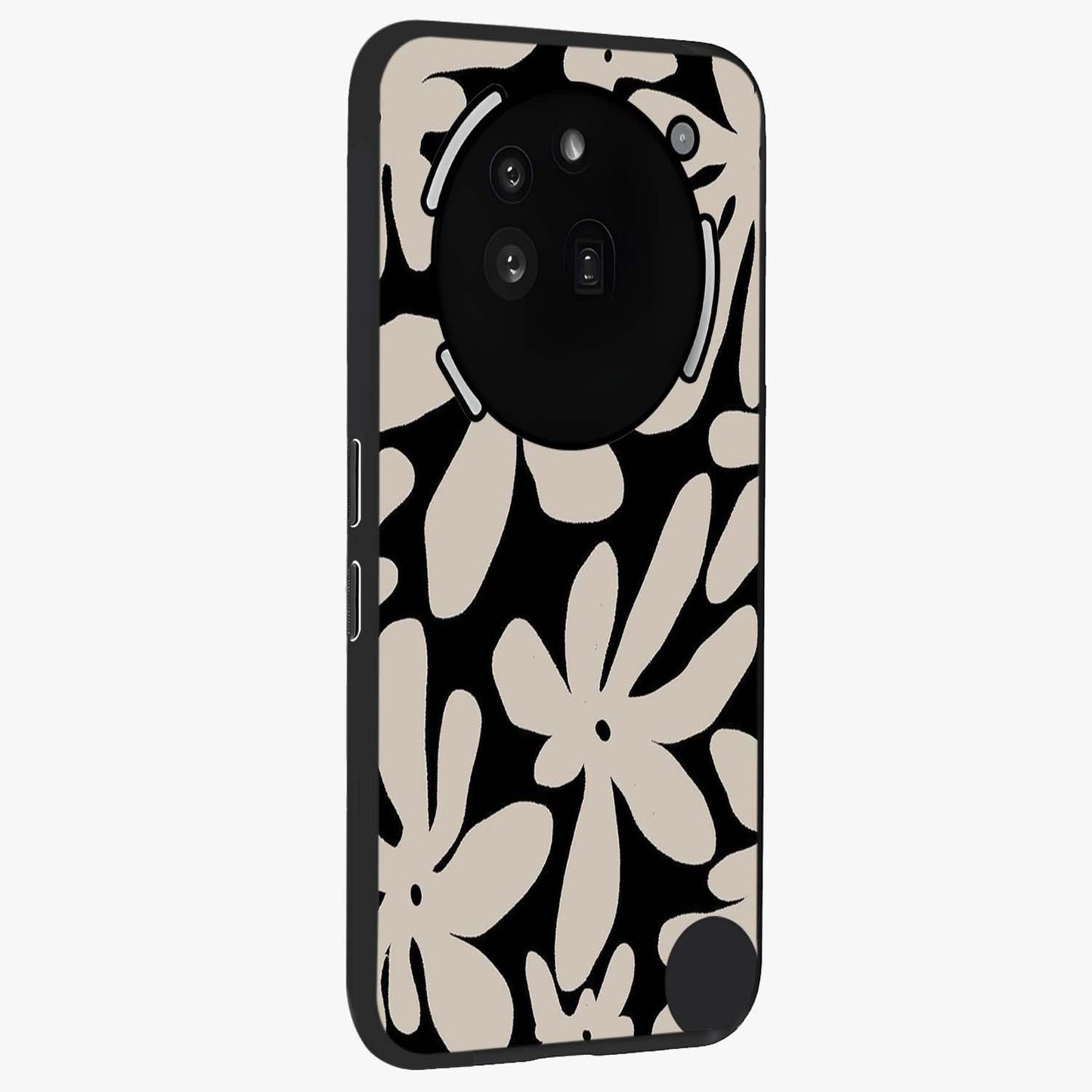 Monochrome Petal Dance Glass Case upright view showcasing artistic floral pattern with stylish monochrome theme.