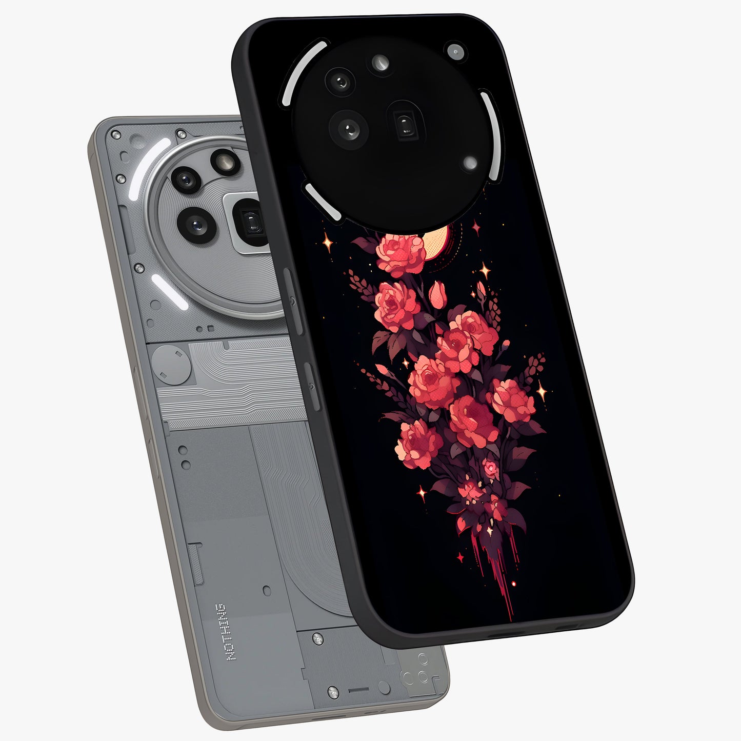 Moonlit Floral Elegance Glass Case displayed in angled mockup highlighting graceful flower design with soft moonlight aesthetic.