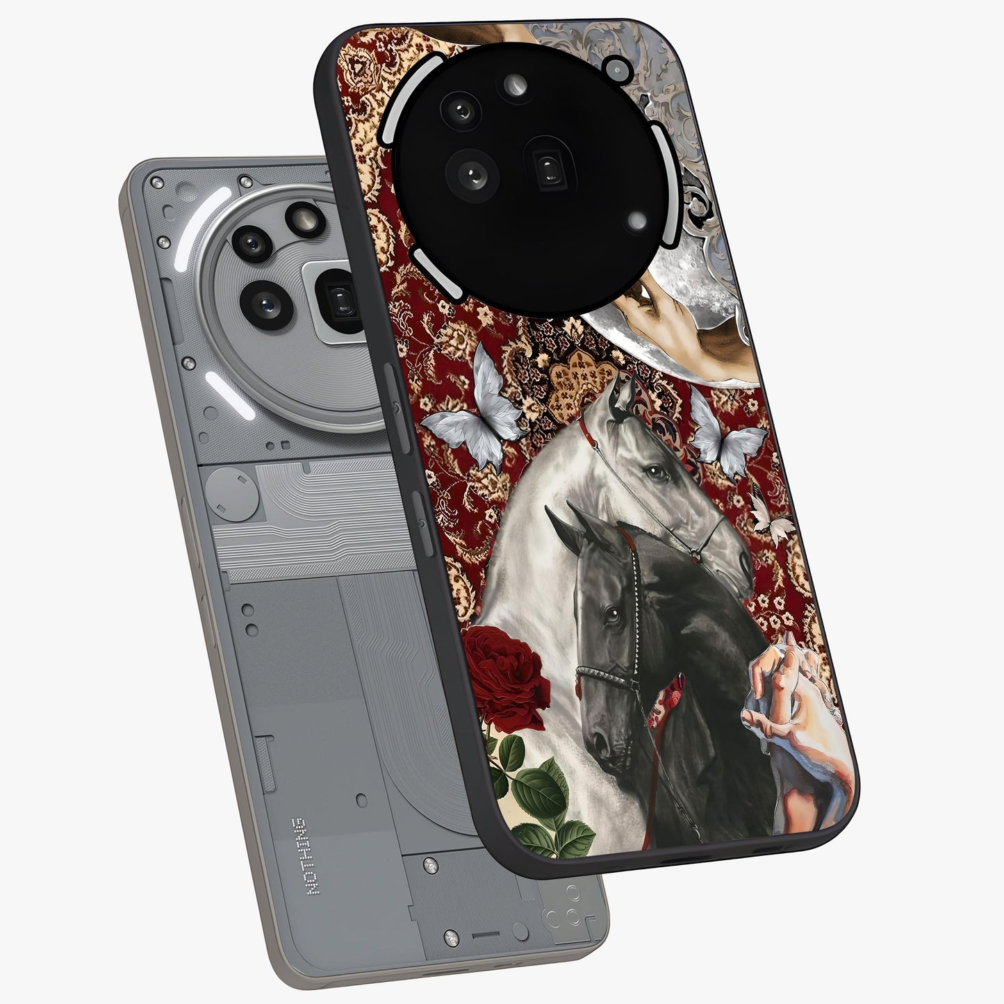 Moonlit Royal Stallion Glass Case displayed in angled mockup highlighting powerful stallion illustration with royal night aesthetic.