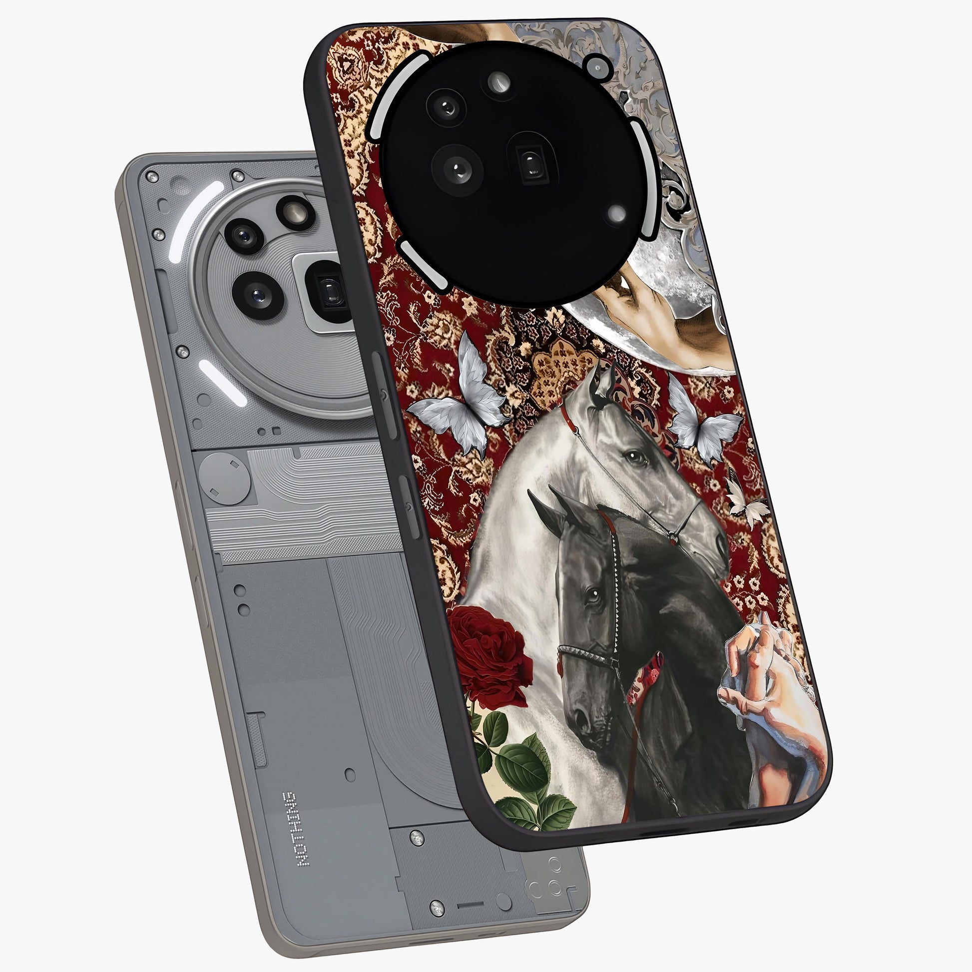 Moonlit Royal Stallion Glass Case displayed in angled mockup highlighting powerful stallion illustration with royal night aesthetic.