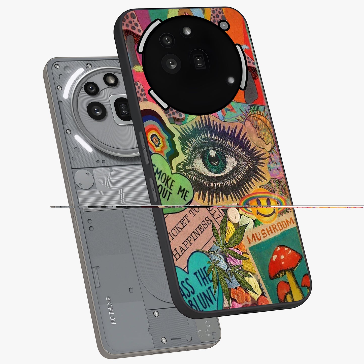 Mystic Eye Wonderland Glass Case displayed in angled mockup highlighting magical eye illustration with dreamy aesthetic.