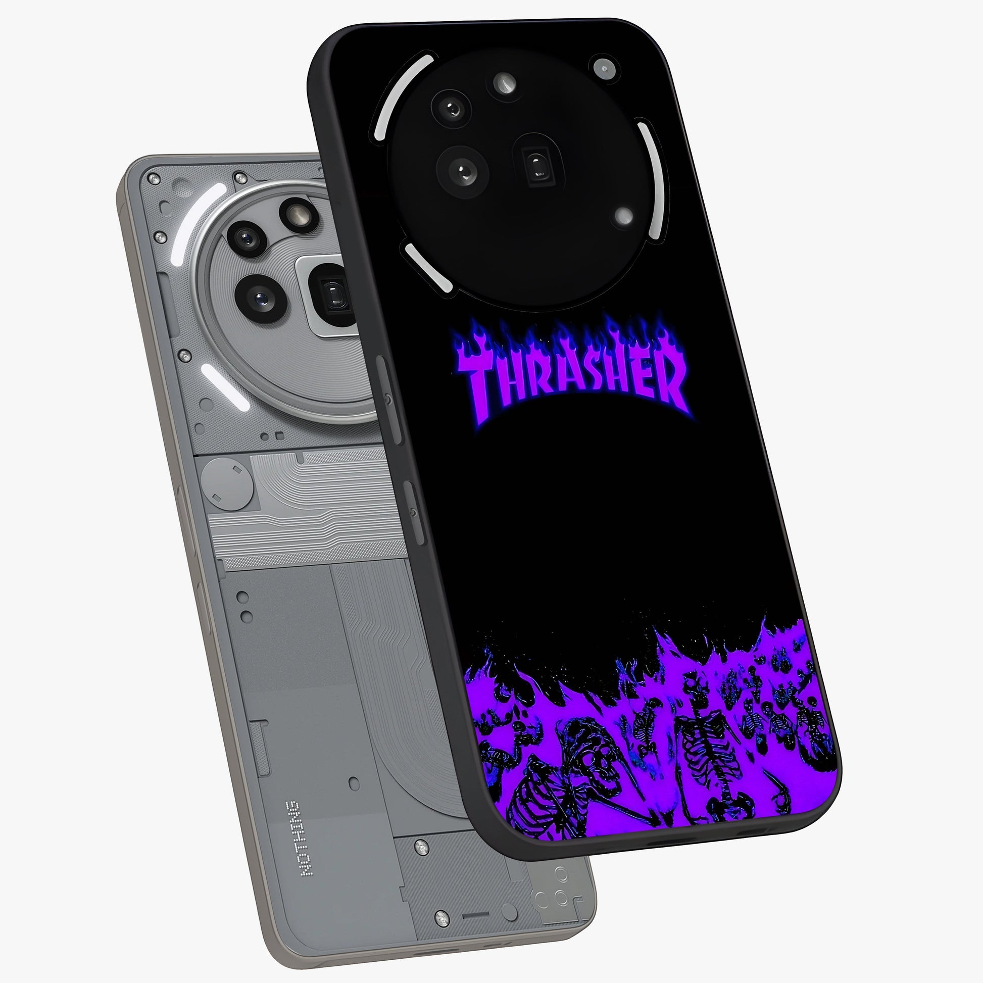 Neon Flame Riot Glass Case displayed in angled mockup highlighting glowing flame design with vibrant neon aesthetic.