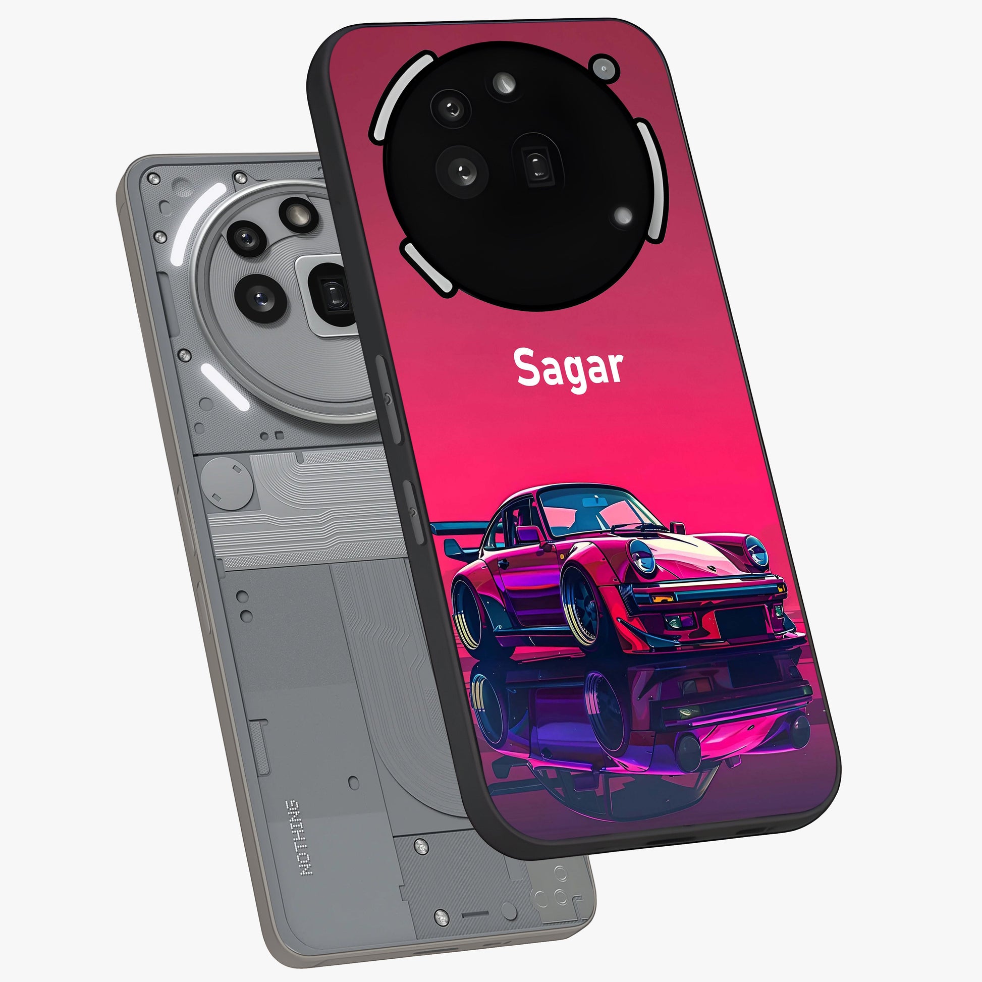 Neon Pink Porsche Glass Case displayed in angled mockup highlighting sleek neon pink car design with racing aesthetic.