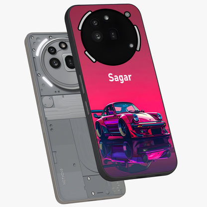 Neon Pink Porsche Glass Case displayed in angled mockup highlighting sleek neon pink car design with racing aesthetic.