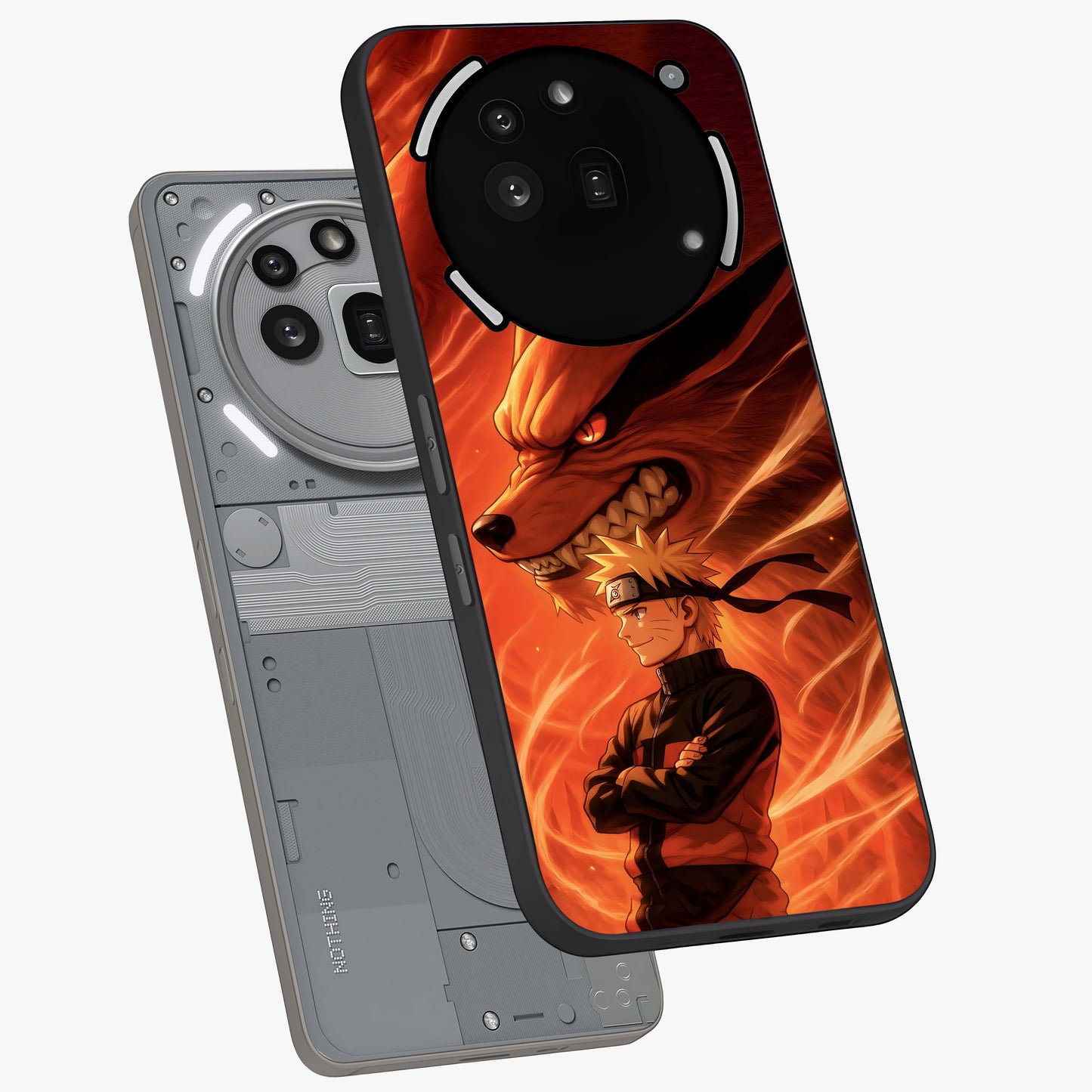 Nine Tails Legacy Glass Case displayed in angled mockup highlighting dynamic anime beast illustration with bold mystical aesthetic.