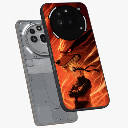 Nine Tails Legacy Glass Case displayed in angled mockup highlighting dynamic anime beast illustration with bold mystical aesthetic.