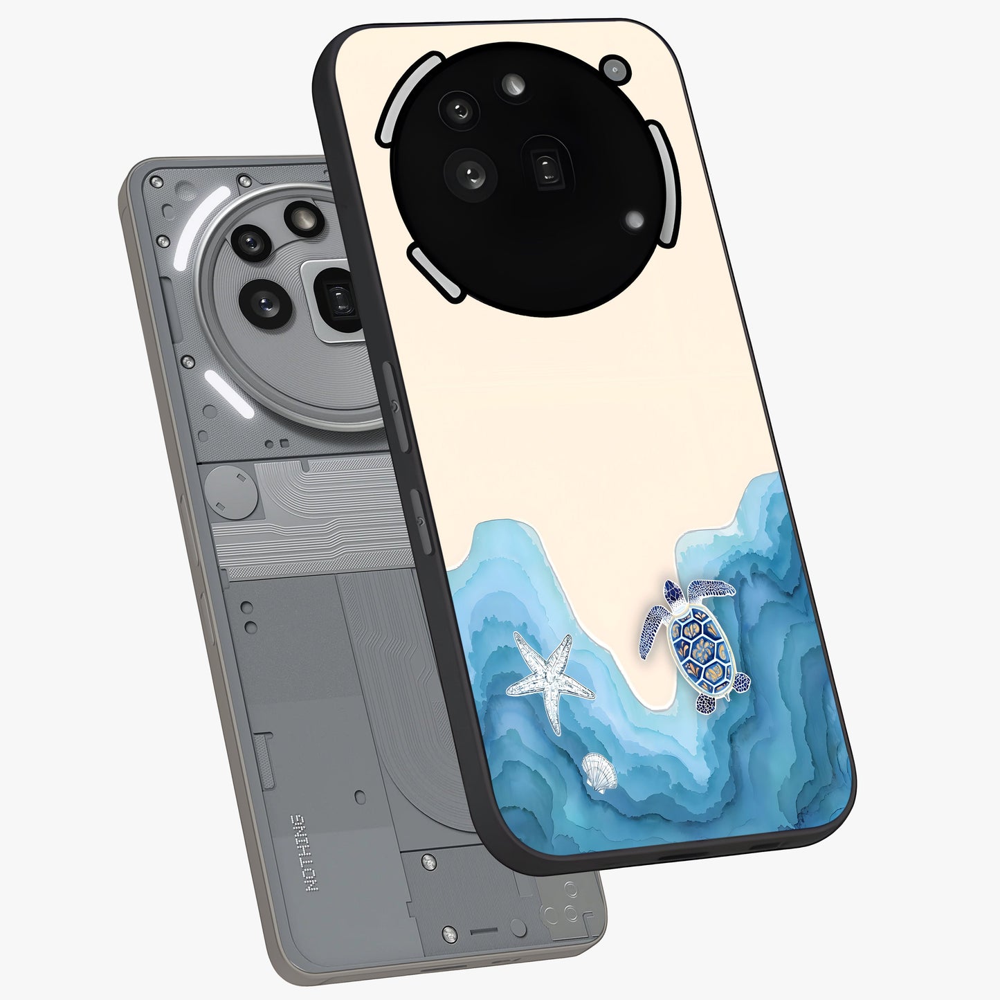 Ocean Drift Turtle Glass Case displayed in angled mockup highlighting peaceful ocean turtle illustration with marine aesthetic.