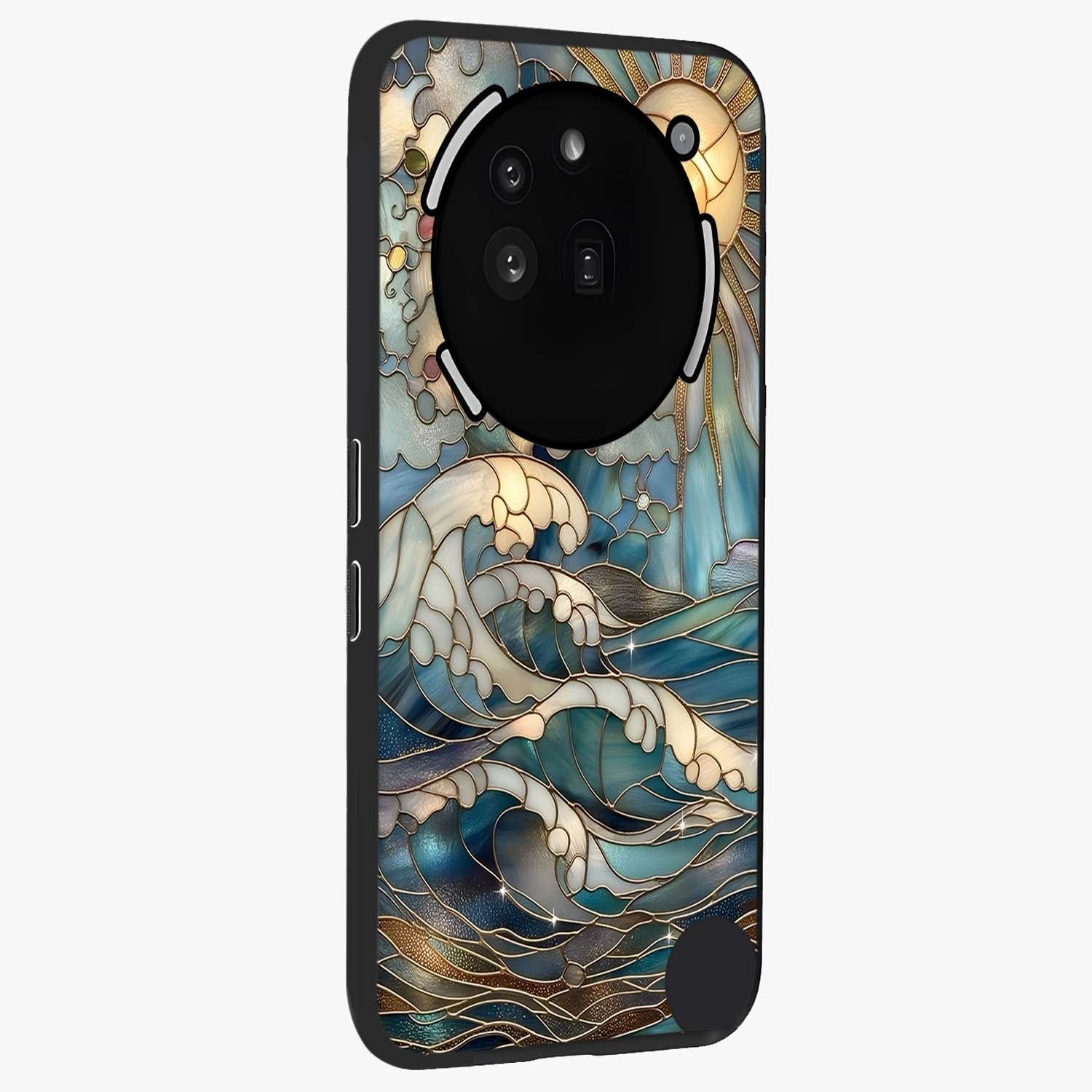 Oceanic Stained Printed Glass Case upright view showcasing decorative ocean pattern artwork with vibrant marine theme.