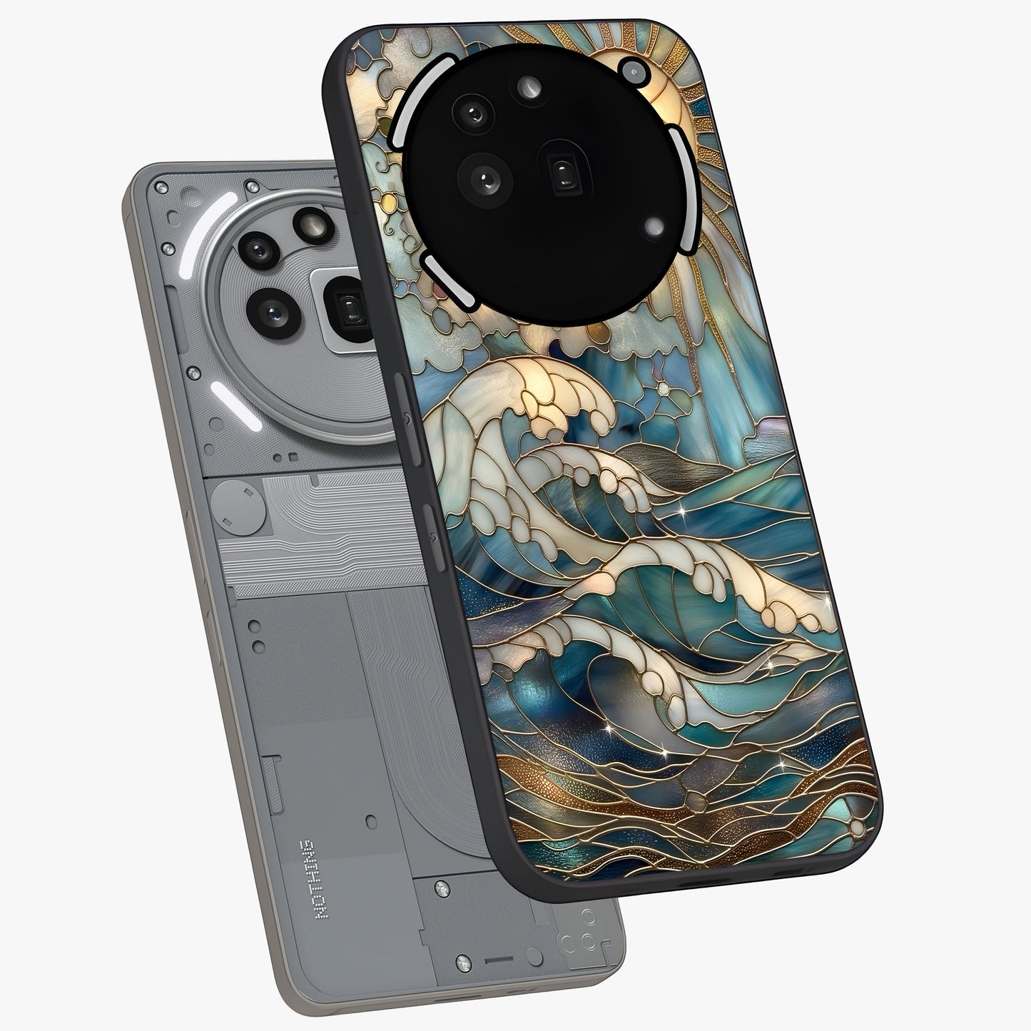 Oceanic Stained Printed Glass Case displayed in angled mockup highlighting colorful aquatic design with artistic aesthetic style.