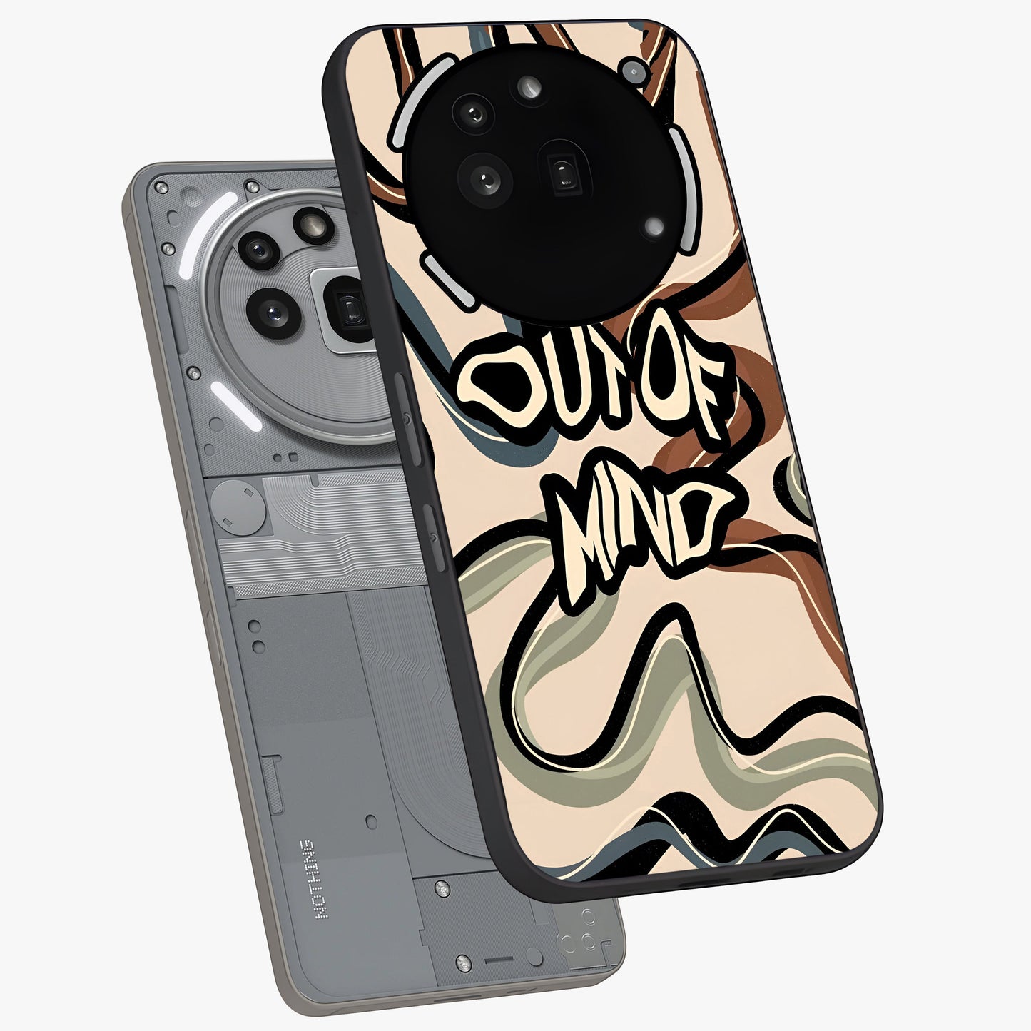 Out Of Mind Glass Case displayed in angled mockup highlighting bold statement design with modern artistic aesthetic.