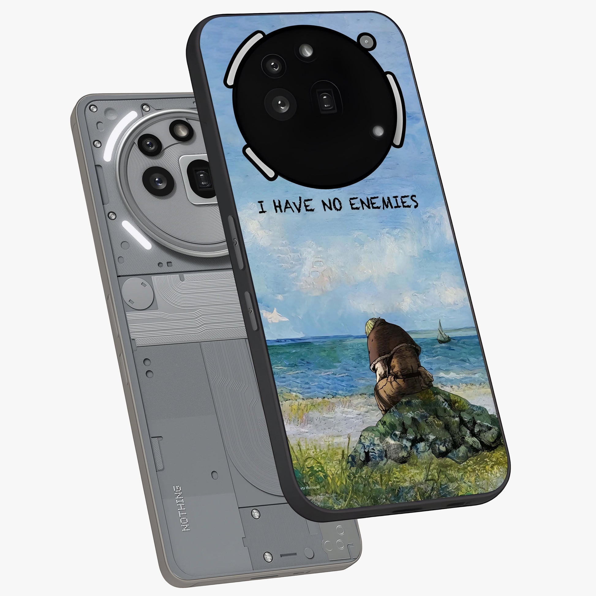 Peace Beyond War Glass Case displayed in angled mockup highlighting meaningful message design with artistic aesthetic style.