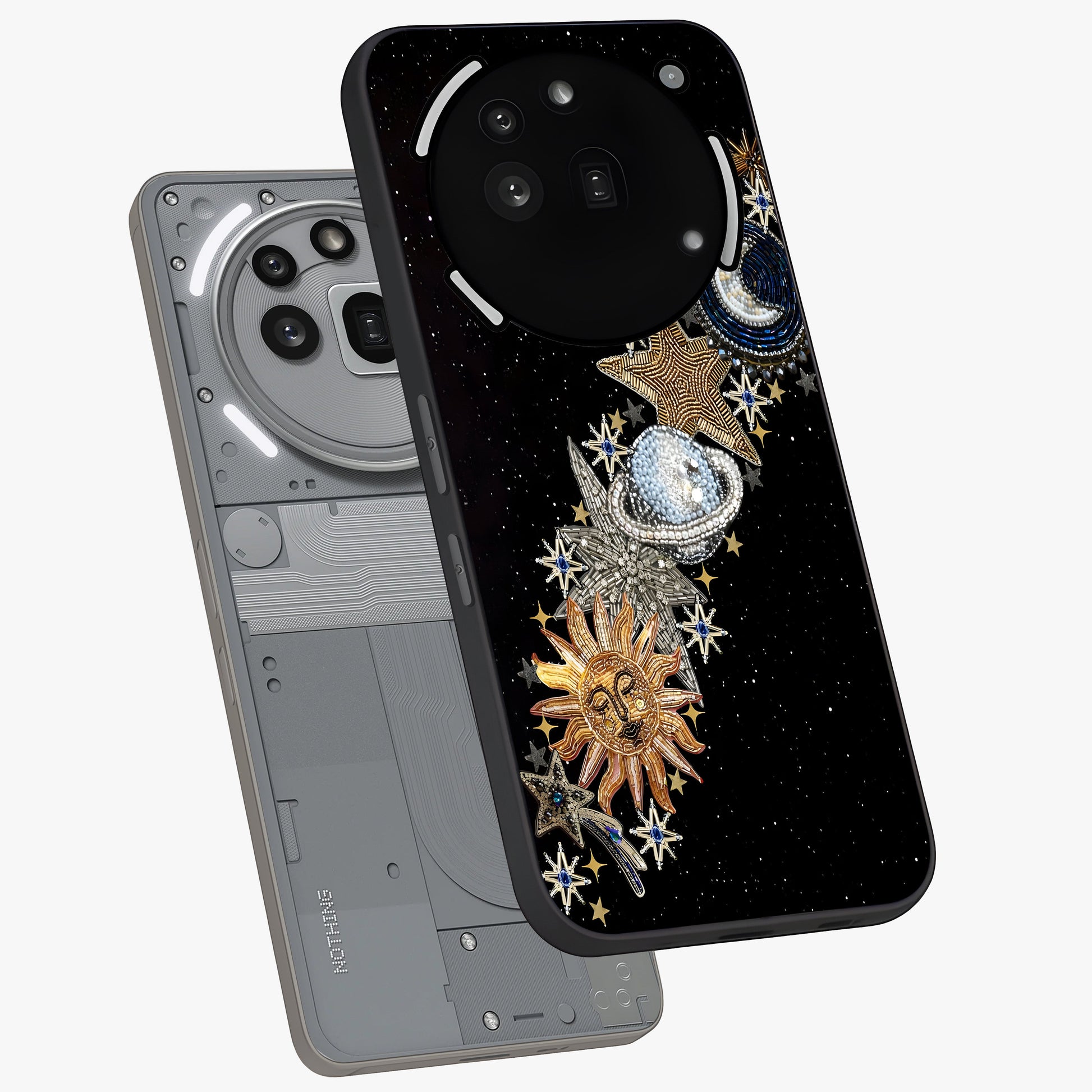 Pearls Universe Object Glass Case displayed in angled mockup highlighting celestial pearl design with dreamy aesthetic.