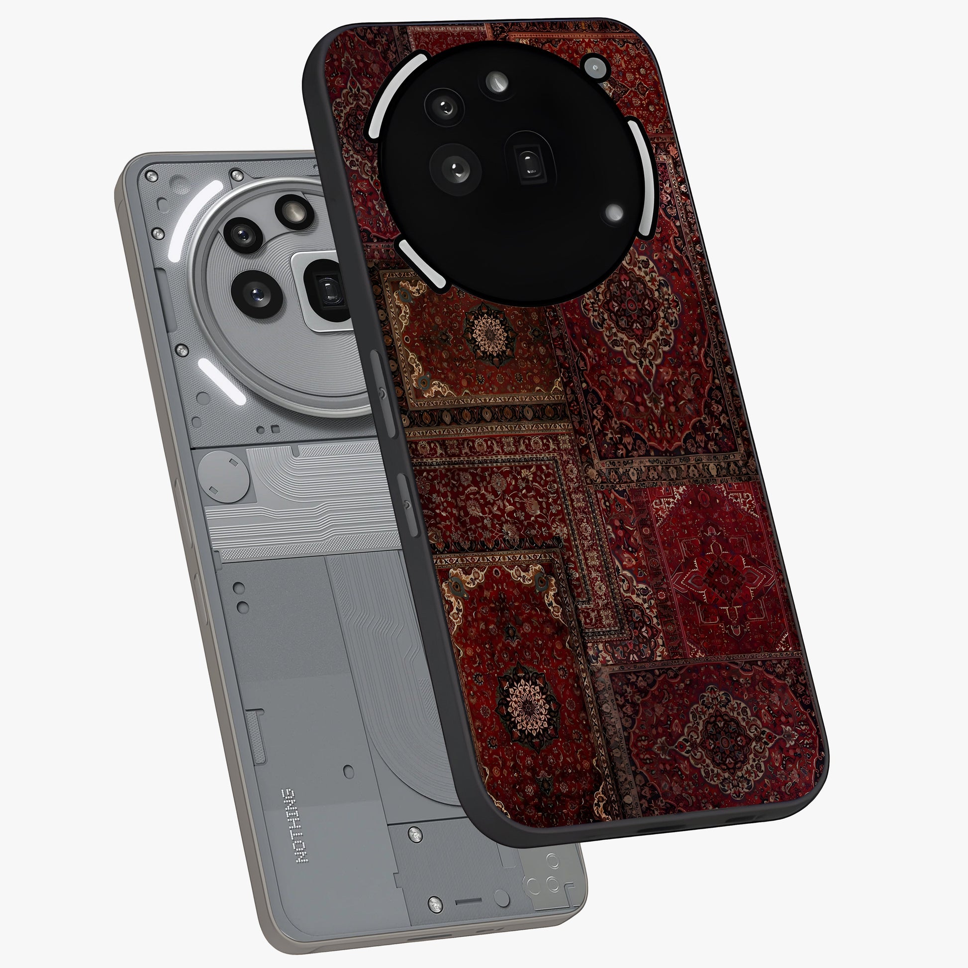 Persian Velvet Tale Glass Case displayed in angled mockup highlighting ornate textile inspired design with royal aesthetic.