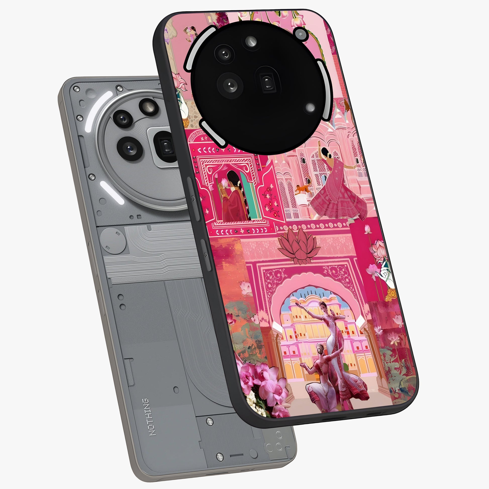 Pink Palace Muse Glass Case displayed in angled mockup highlighting dreamy palace illustration with soft pink aesthetic.