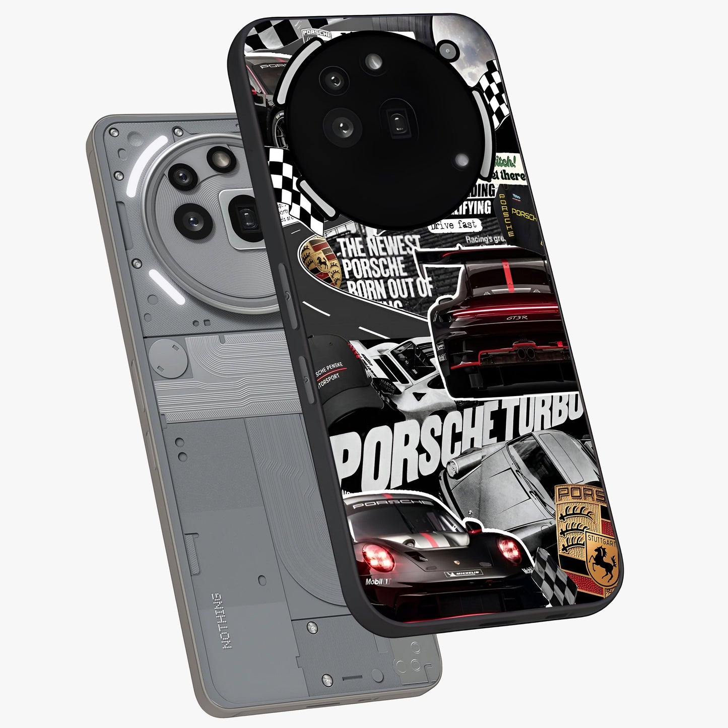 Porsche Racing Collage Glass Case displayed in angled mockup highlighting dynamic automotive design with bold racing aesthetic.