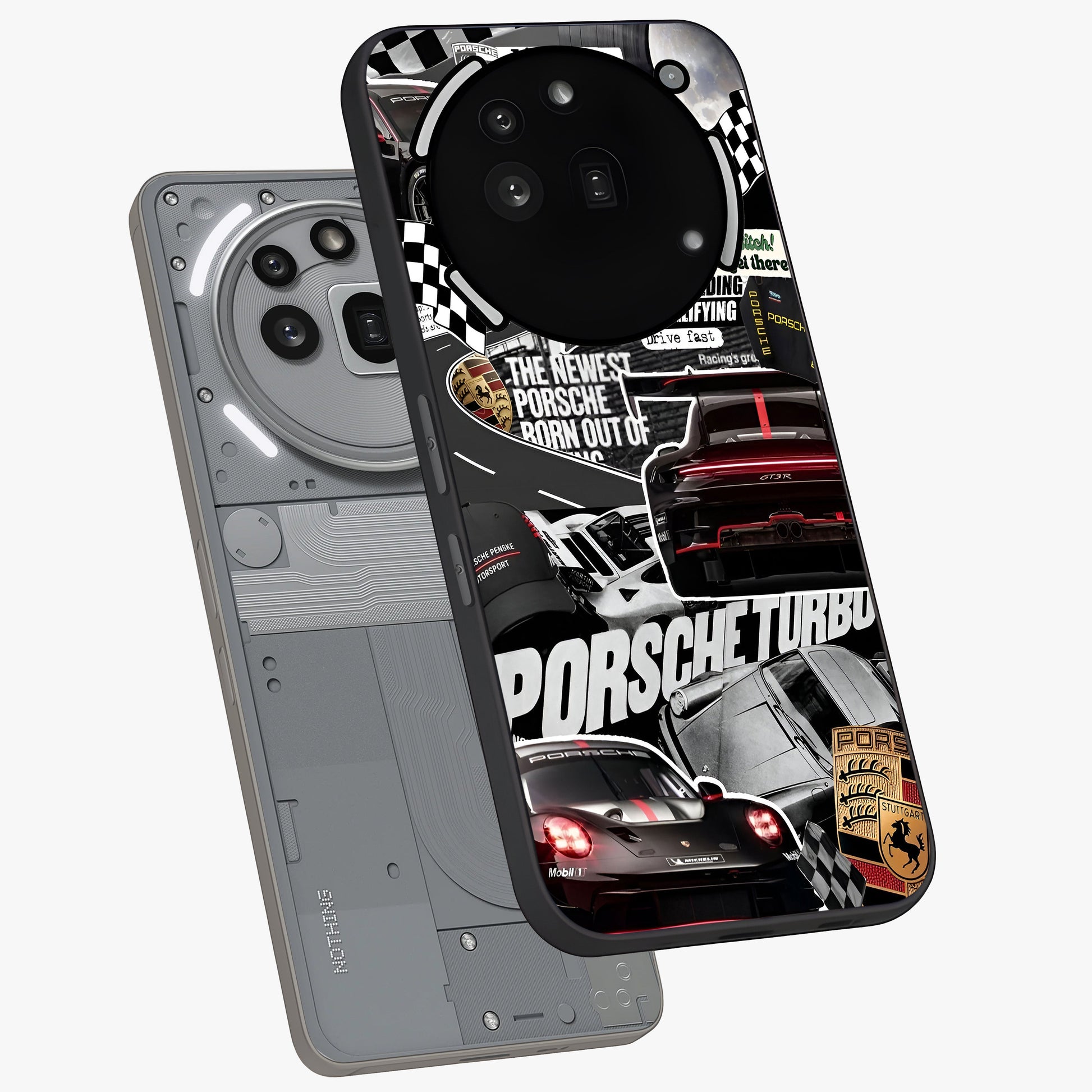 Porsche Racing Collage Glass Case displayed in angled mockup highlighting dynamic automotive design with bold racing aesthetic.