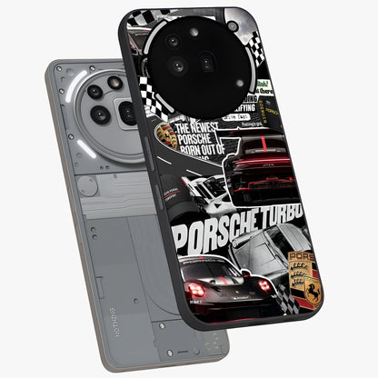 Porsche Racing Collage Glass Case displayed in angled mockup highlighting dynamic automotive design with bold racing aesthetic.