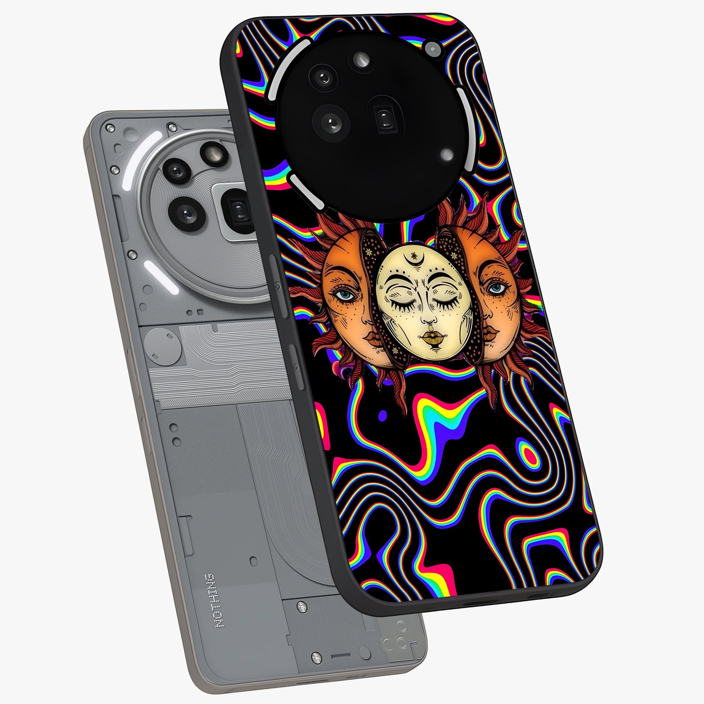 Psychedelic Sun Glass Case displayed in angled mockup highlighting vibrant abstract sun design with artistic aesthetic style.