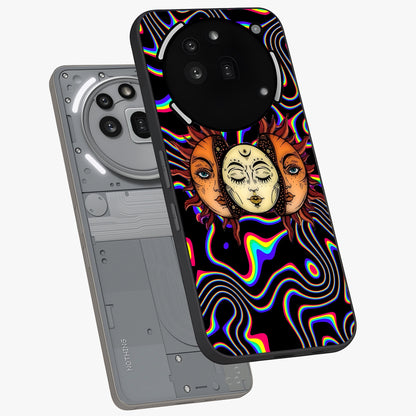 Psychedelic Sun Glass Case displayed in angled mockup highlighting vibrant abstract sun design with artistic aesthetic style.