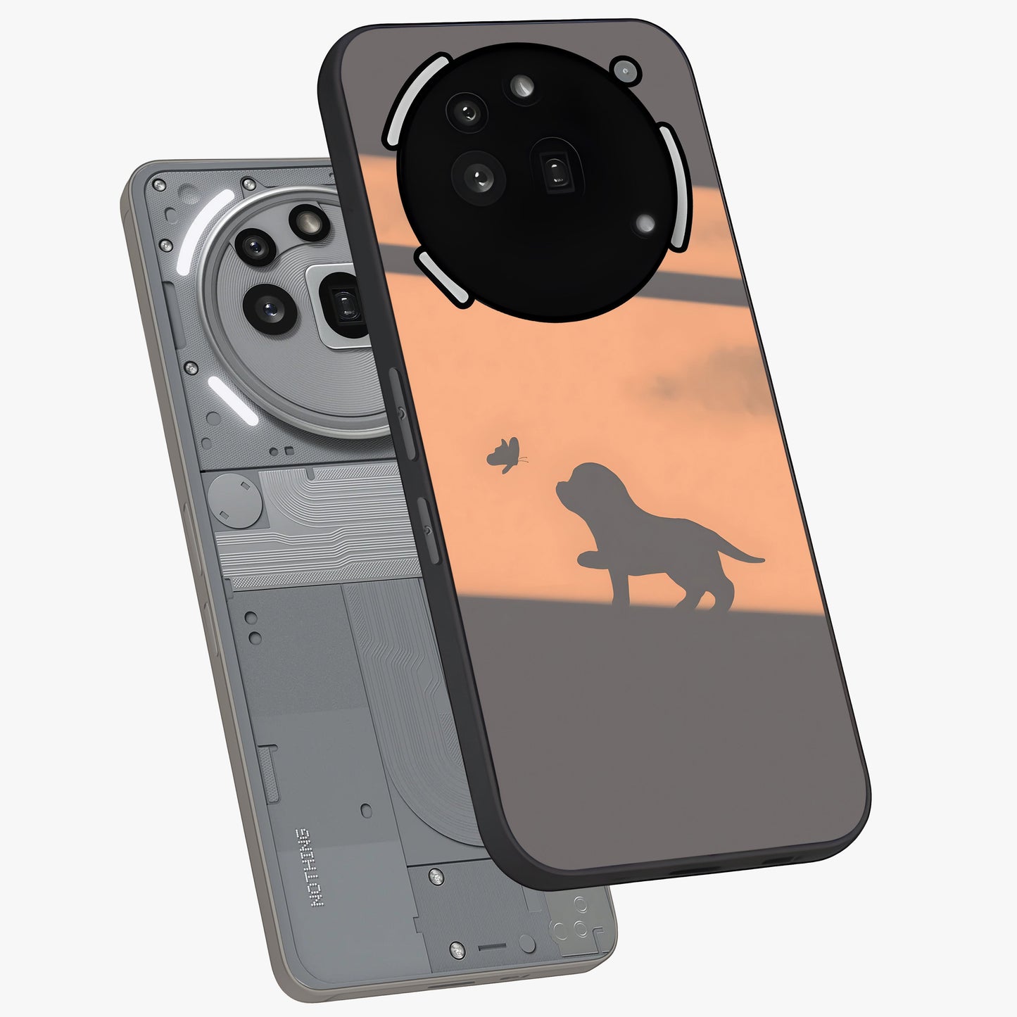 Puppy Shadow Art Glass Case displayed in angled mockup highlighting playful dog illustration with artistic shadow aesthetic.