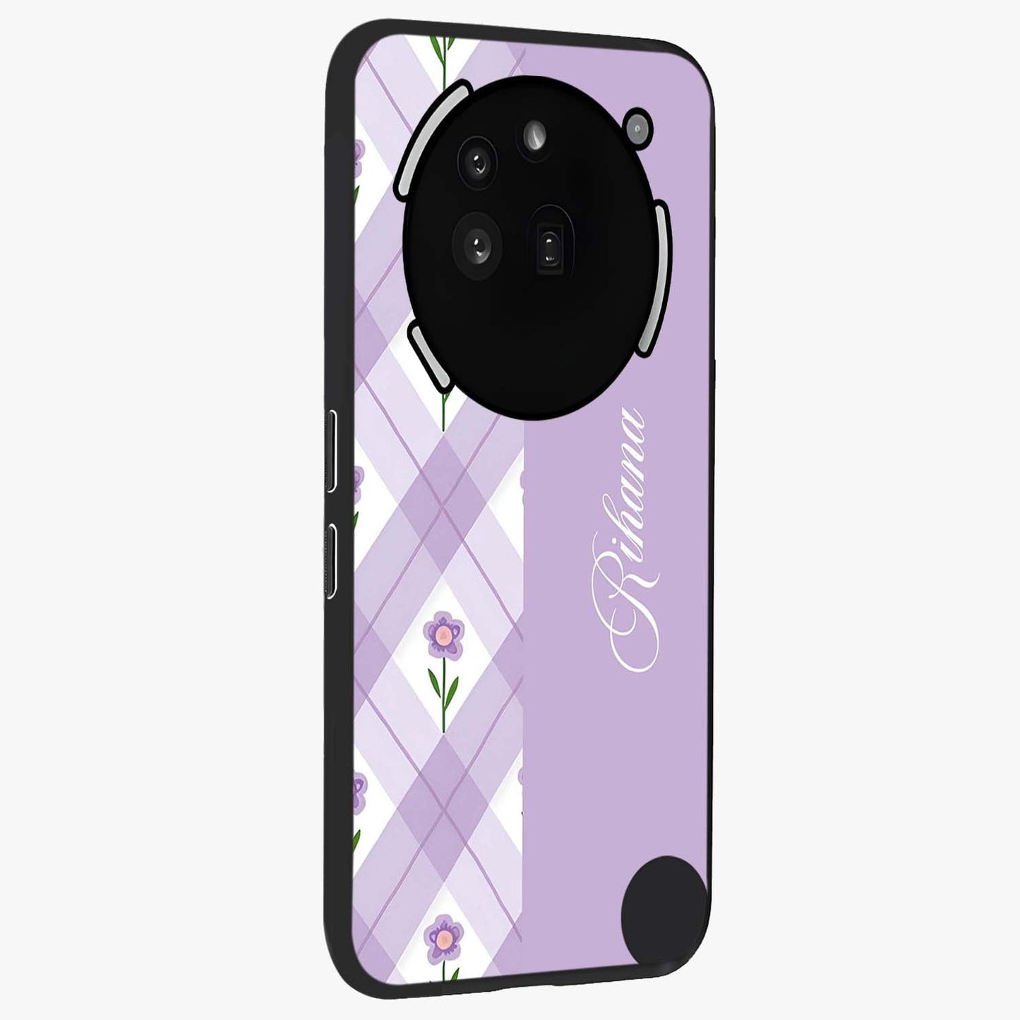 Purple Diamond Floral Glass Case upright view showcasing vibrant floral artwork with stylish geometric theme.