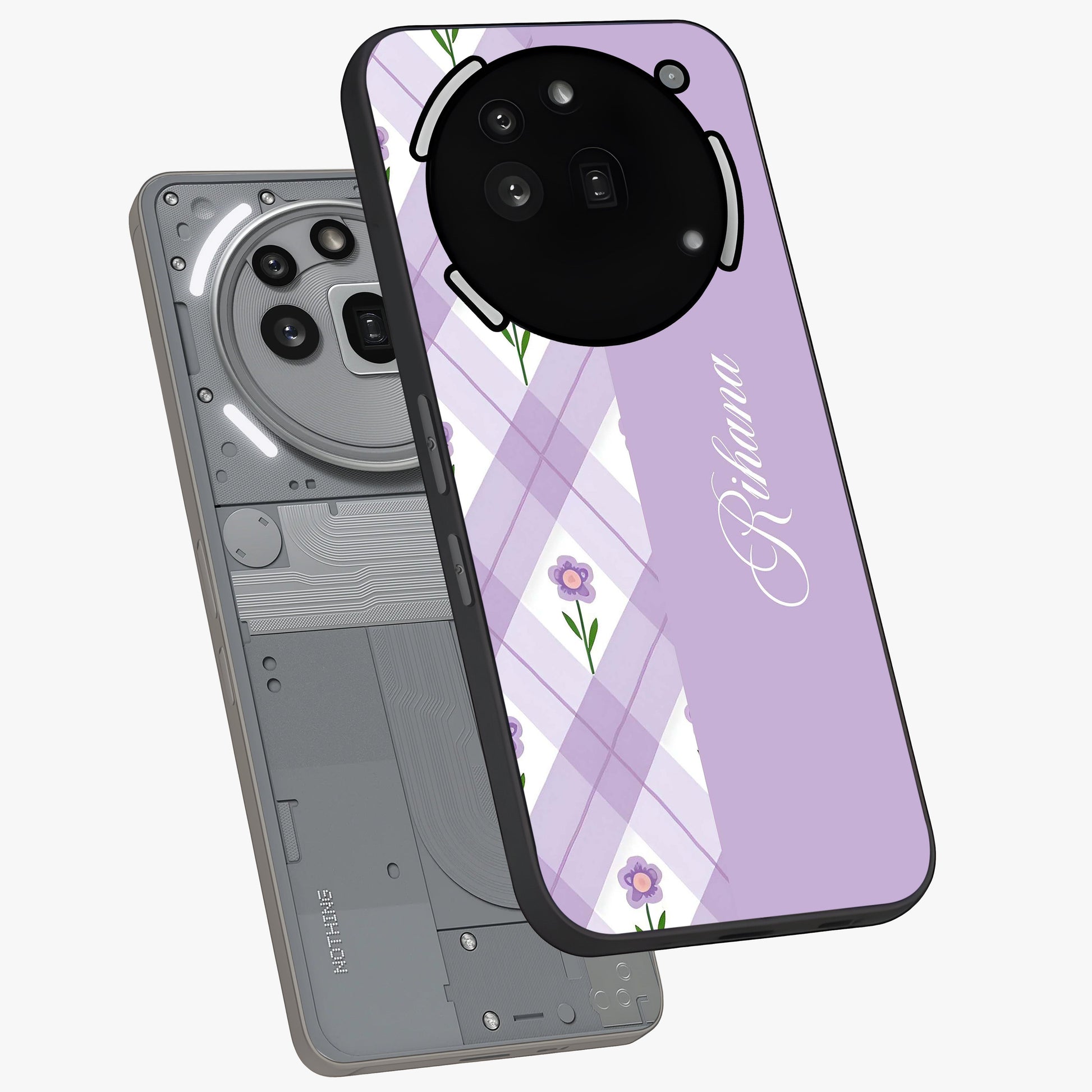 Purple Diamond Floral Glass Case displayed in angled mockup highlighting elegant purple flower design with decorative pattern.