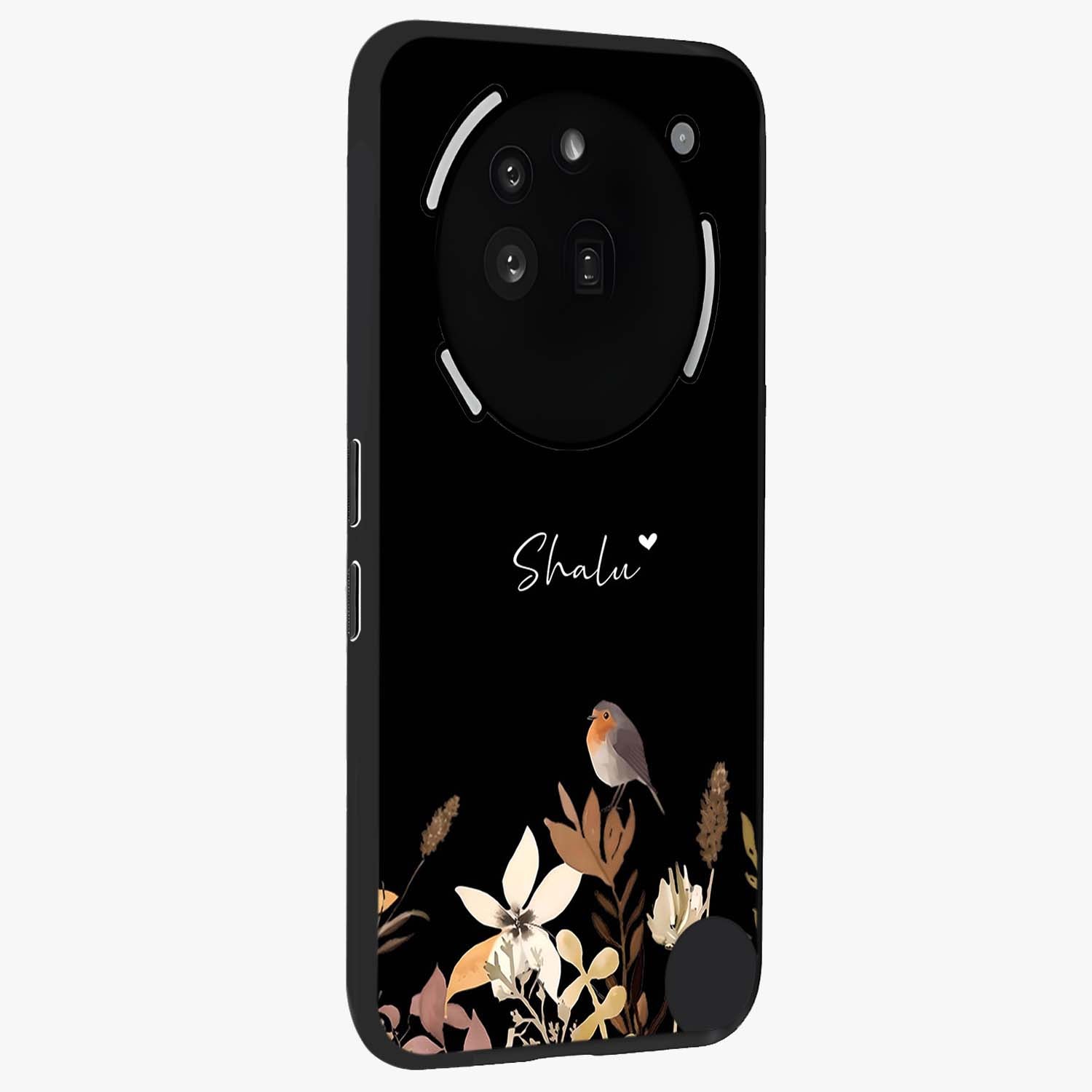 Quiet Garden Tune Custom Name Glass Case upright view showcasing serene botanical artwork with personalized aesthetic.