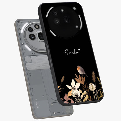 Quiet Garden Tune Custom Name Glass Case displayed in angled mockup highlighting delicate floral garden design with custom name feature.