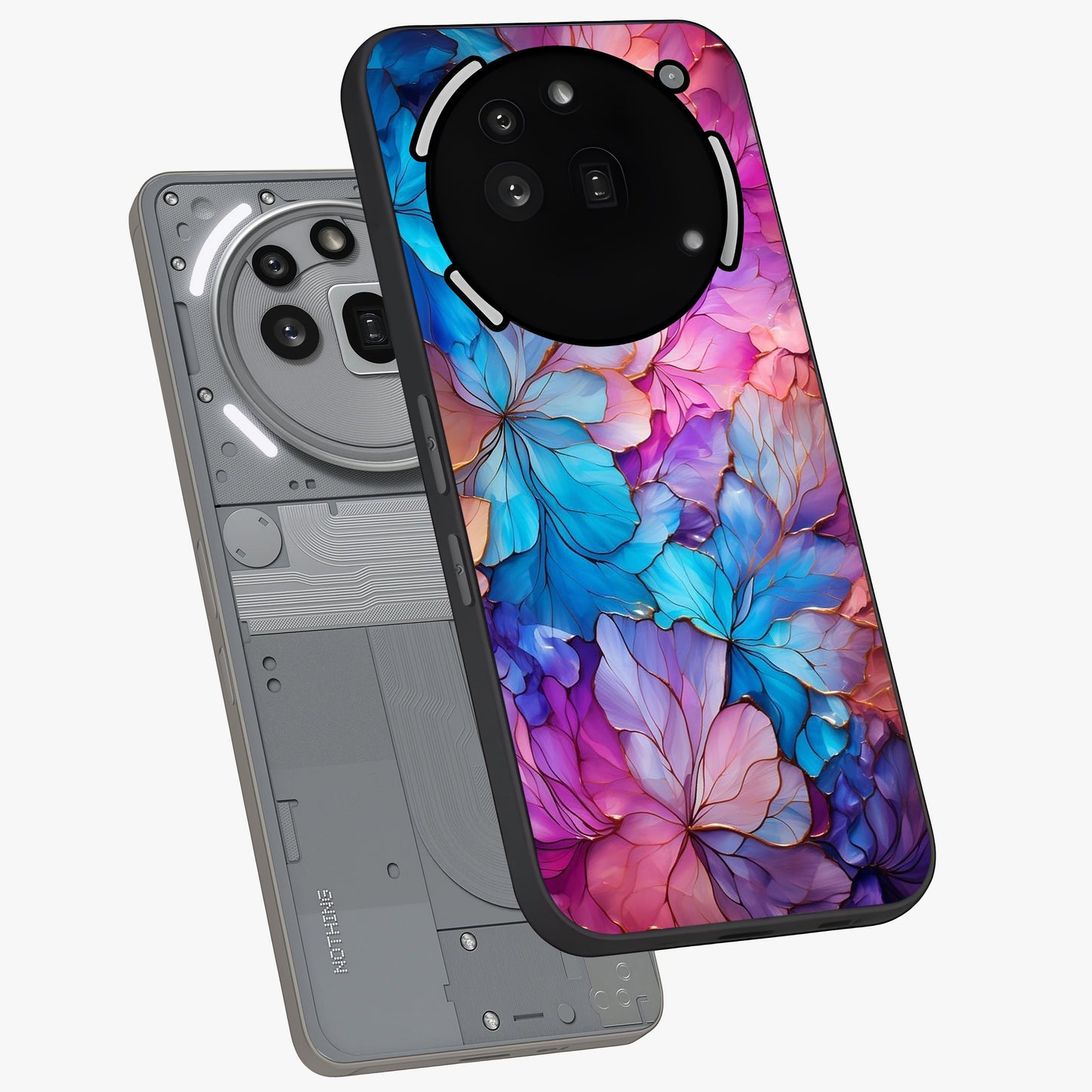 Radiant Floral Whirl Glass Case displayed in angled mockup highlighting vibrant flower pattern with dynamic artistic aesthetic.