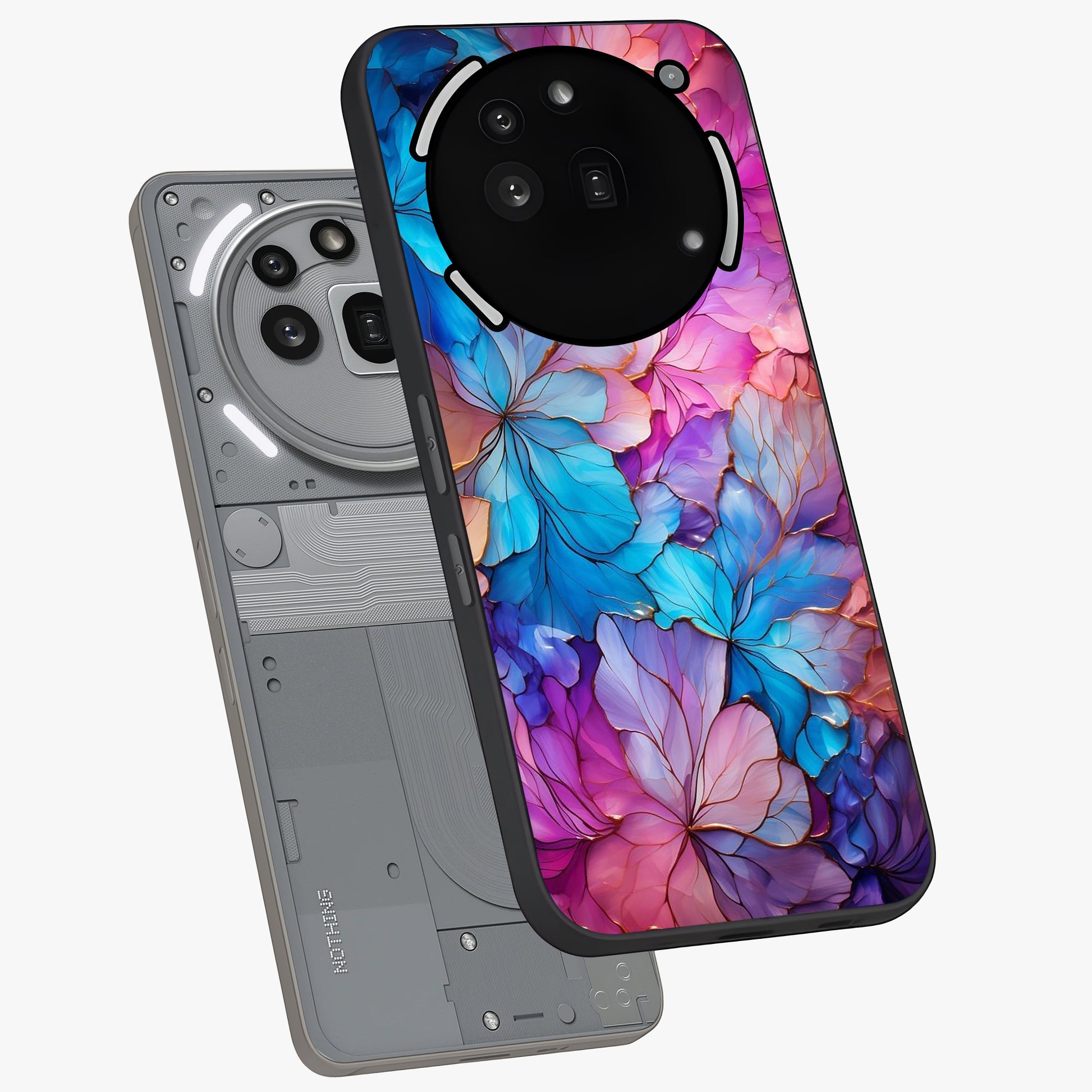 Radiant Floral Whirl Glass Case displayed in angled mockup highlighting vibrant flower pattern with dynamic artistic aesthetic.