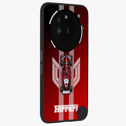 Red Ferrari F1 Vertical Glass Case upright view showcasing powerful Formula car artwork with dynamic motorsport theme.