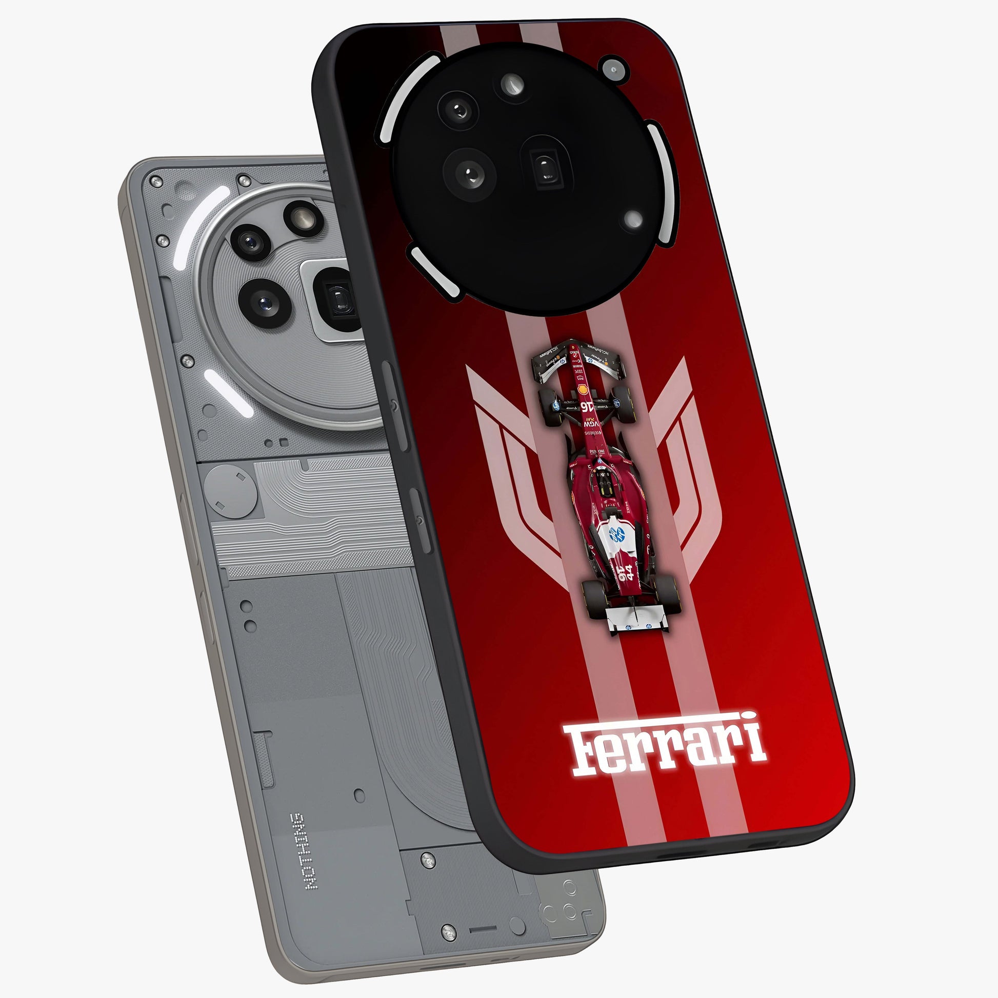 Red Ferrari F1 Vertical Glass Case displayed in angled mockup highlighting high speed racing design with bold automotive aesthetic.