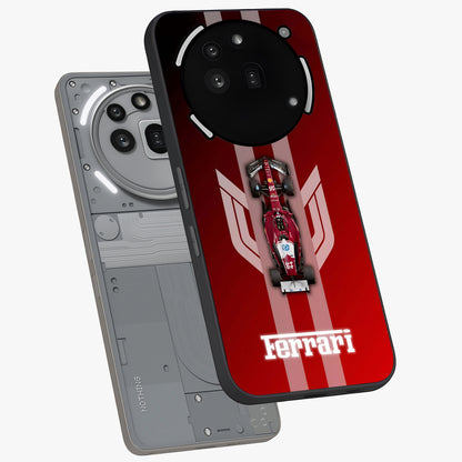 Red Ferrari F1 Vertical Glass Case displayed in angled mockup highlighting high speed racing design with bold automotive aesthetic.