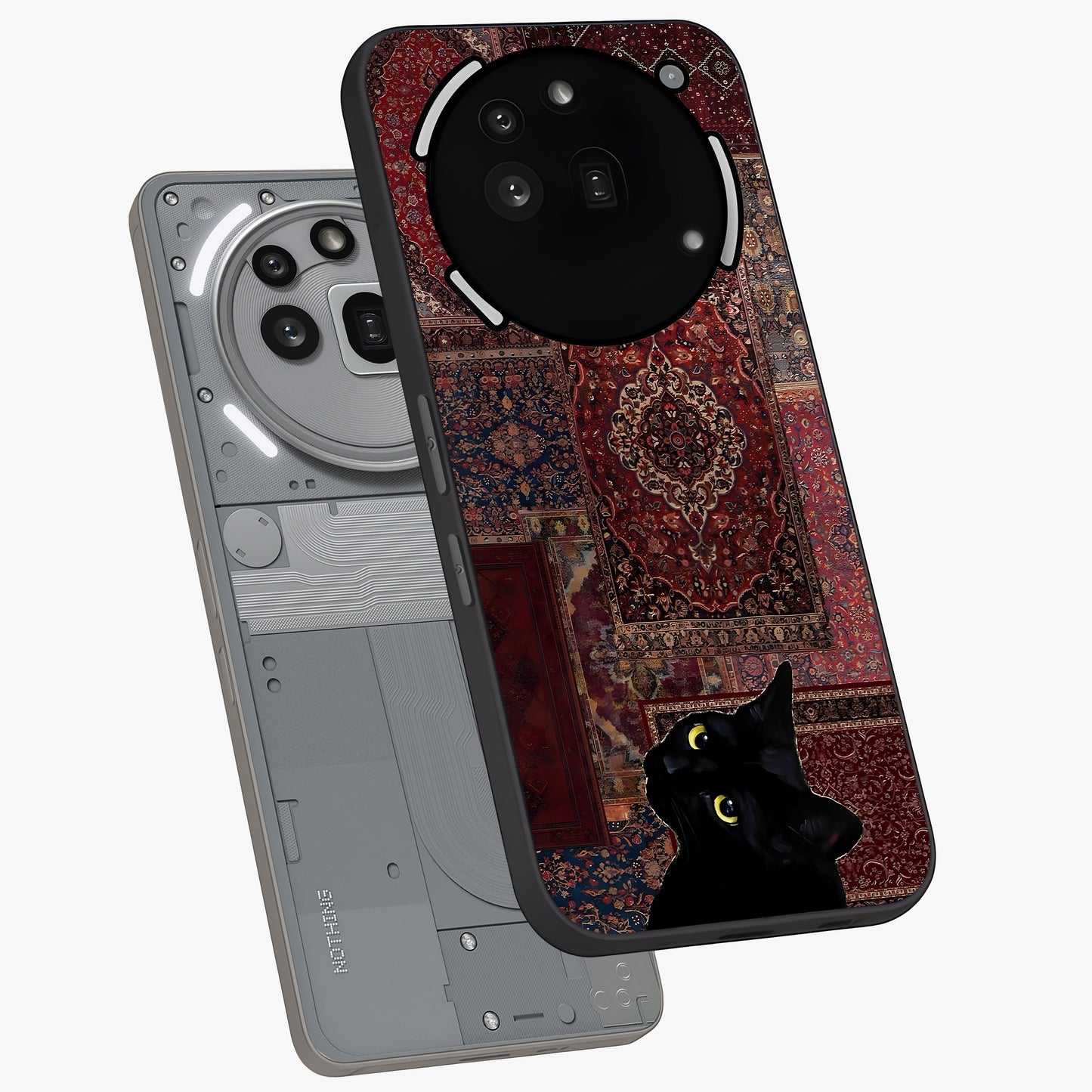 Regal Magic Cat Apple Glass Case displayed in angled mockup highlighting whimsical feline design with fantasy aesthetic.