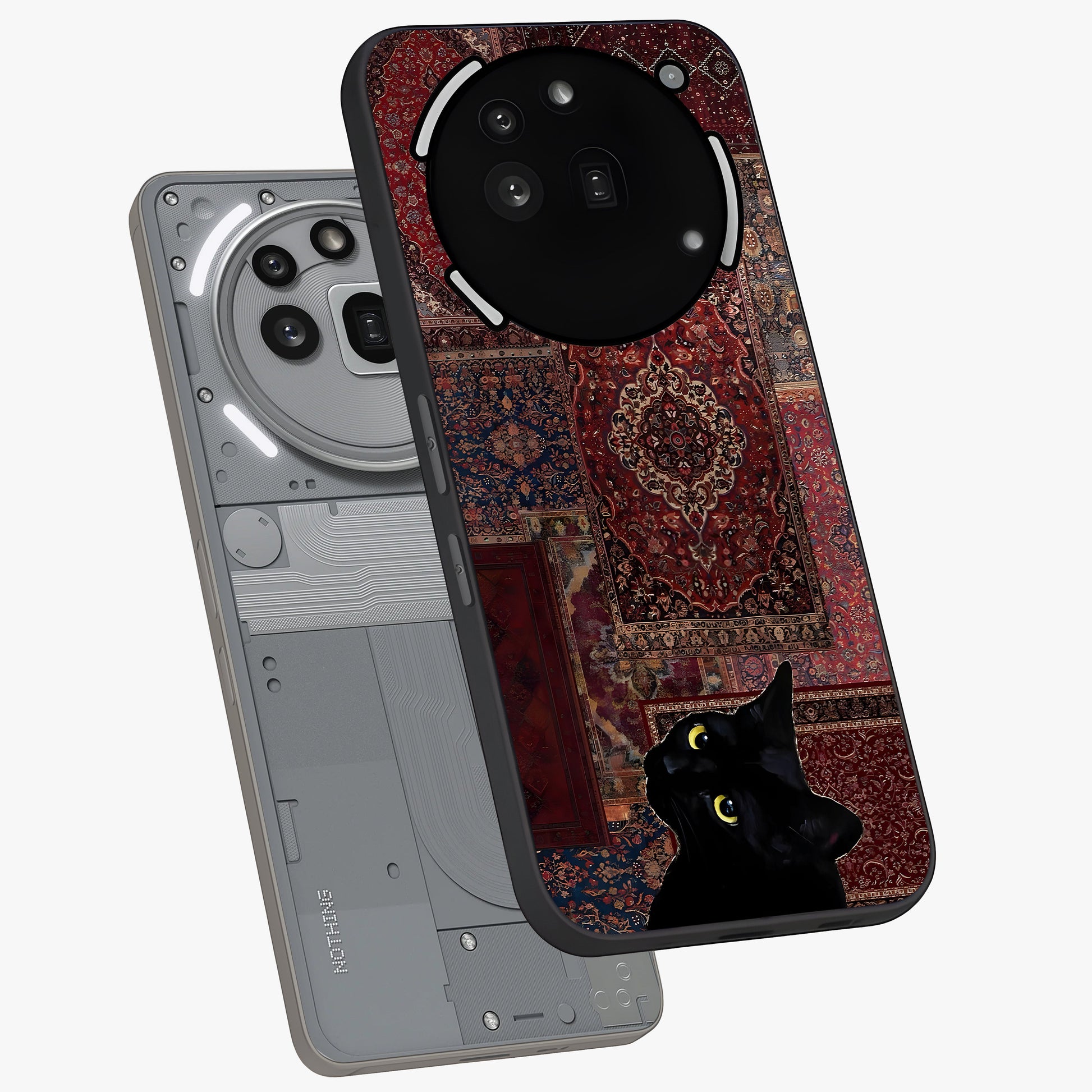 Regal Magic Cat Apple Glass Case displayed in angled mockup highlighting whimsical feline design with fantasy aesthetic.