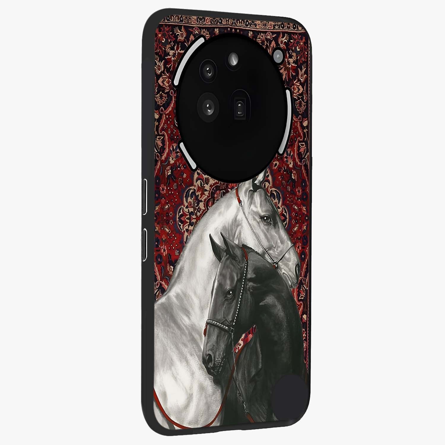 Regal Stallion Tapestry Glass Case upright view showcasing powerful horse artwork with elegant tapestry theme.
