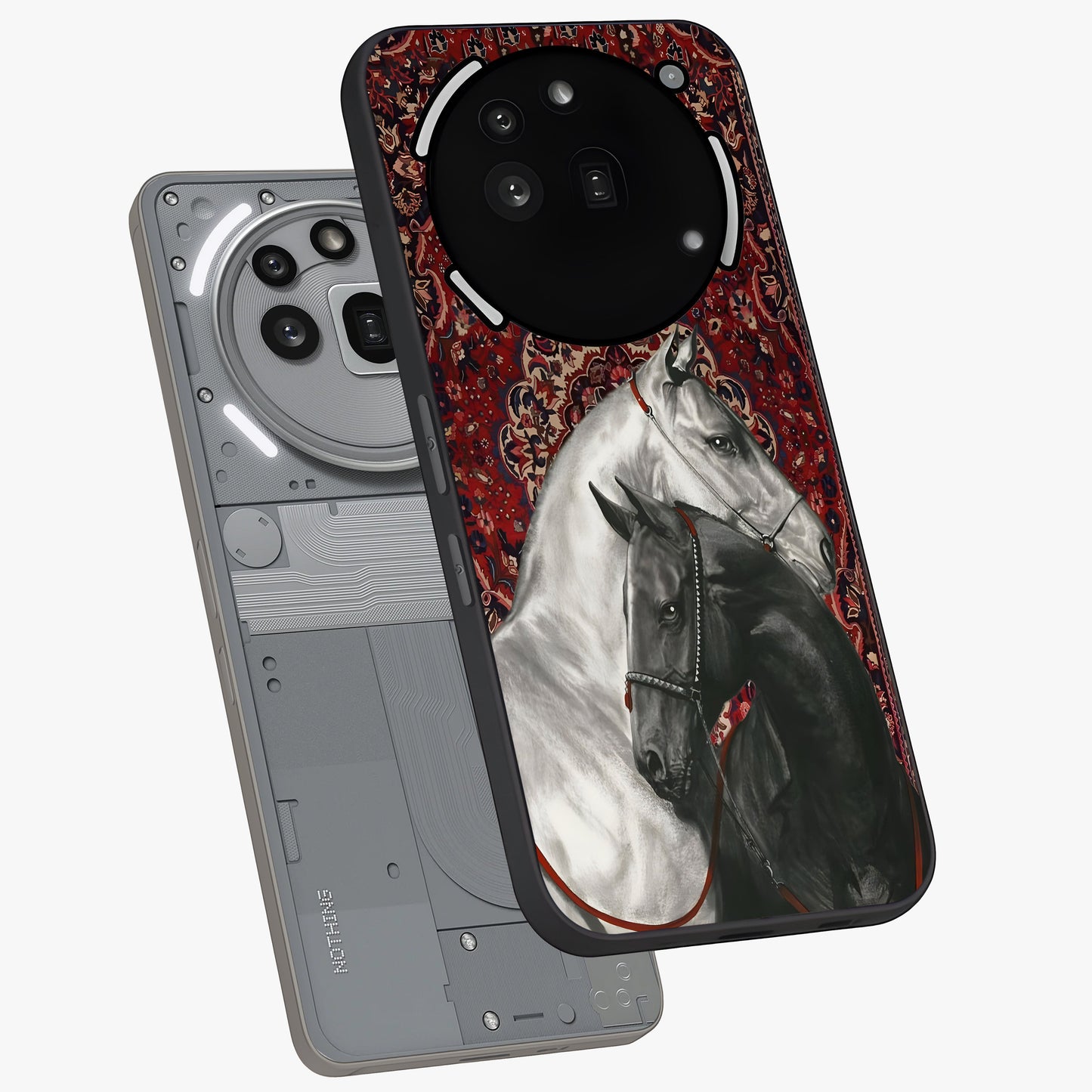 Regal Stallion Tapestry Glass Case displayed in angled mockup highlighting royal stallion design with decorative heritage aesthetic.