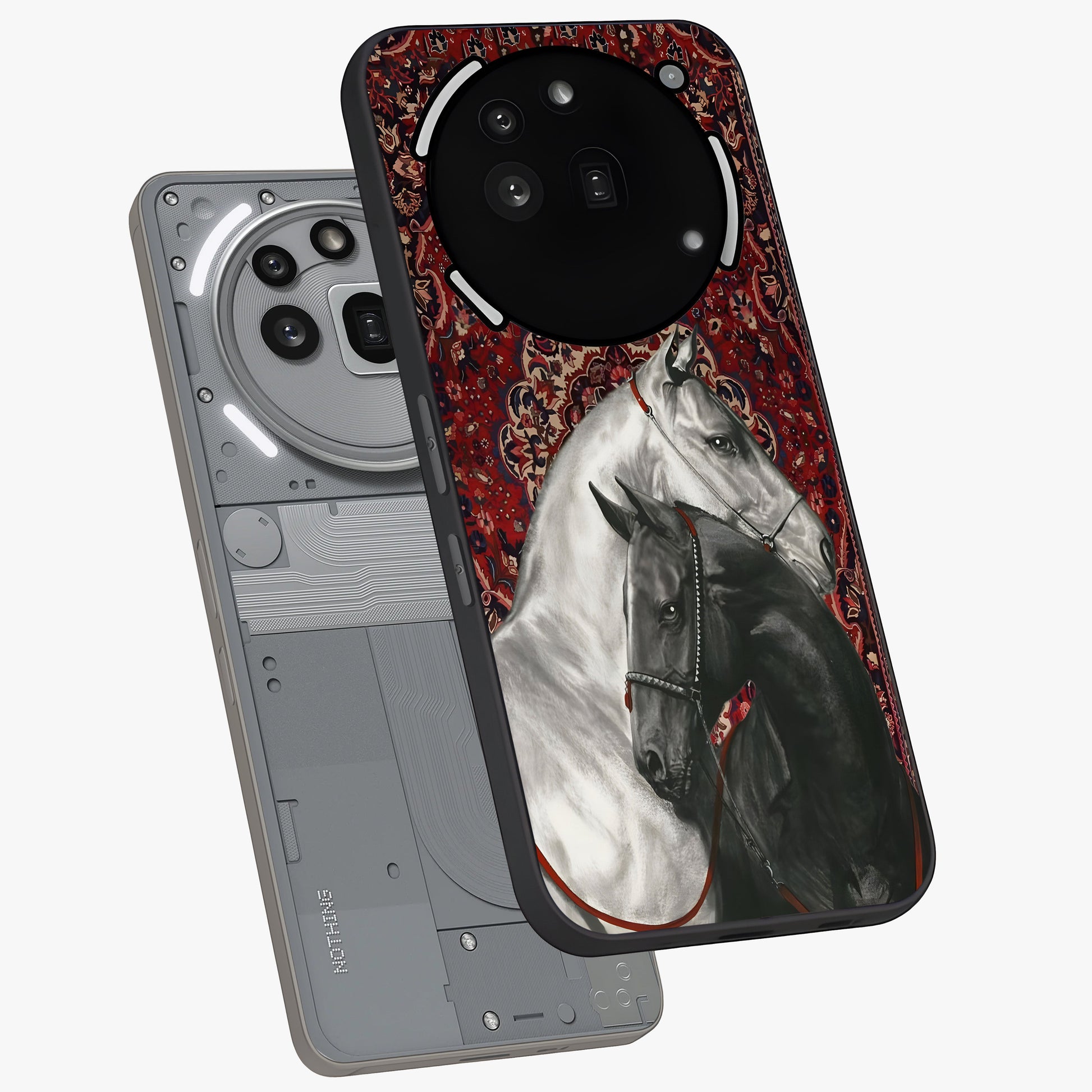 Regal Stallion Tapestry Glass Case displayed in angled mockup highlighting royal stallion design with decorative heritage aesthetic.