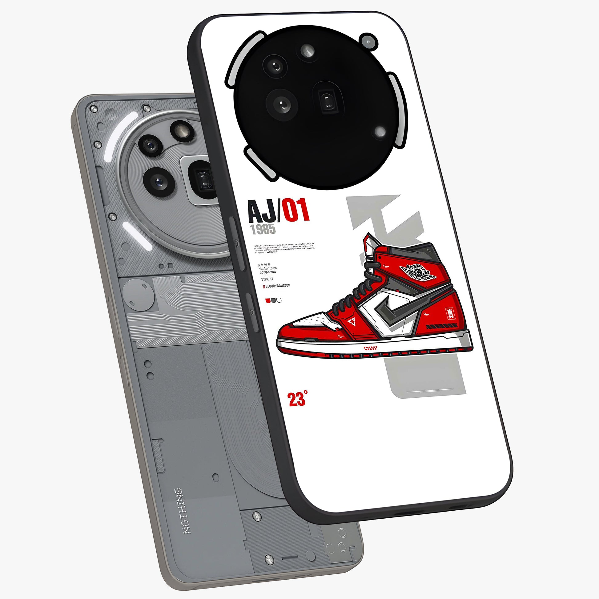 Retro Sneaker Blueprint Glass Case displayed in angled mockup highlighting detailed shoe design with sporty retro aesthetic.