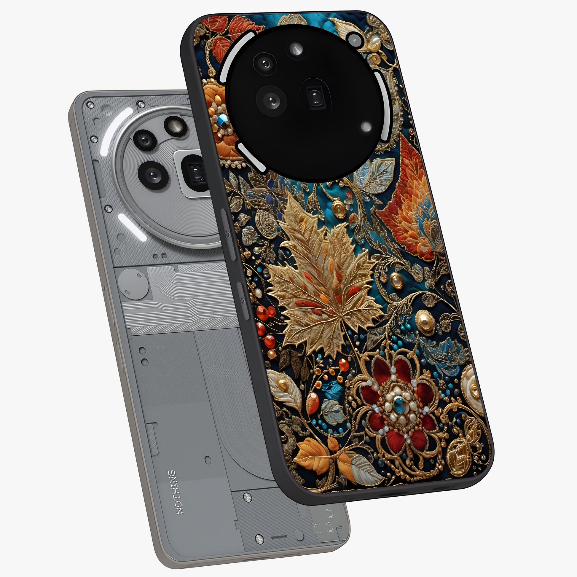 Royal Jewel Garden Glass Case displayed in angled mockup highlighting vibrant jewel inspired floral design with elegant aesthetic.