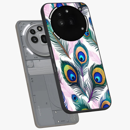 Royal Peacock Feathers Glass Case displayed in angled mockup highlighting vibrant feather pattern with regal aesthetic style.