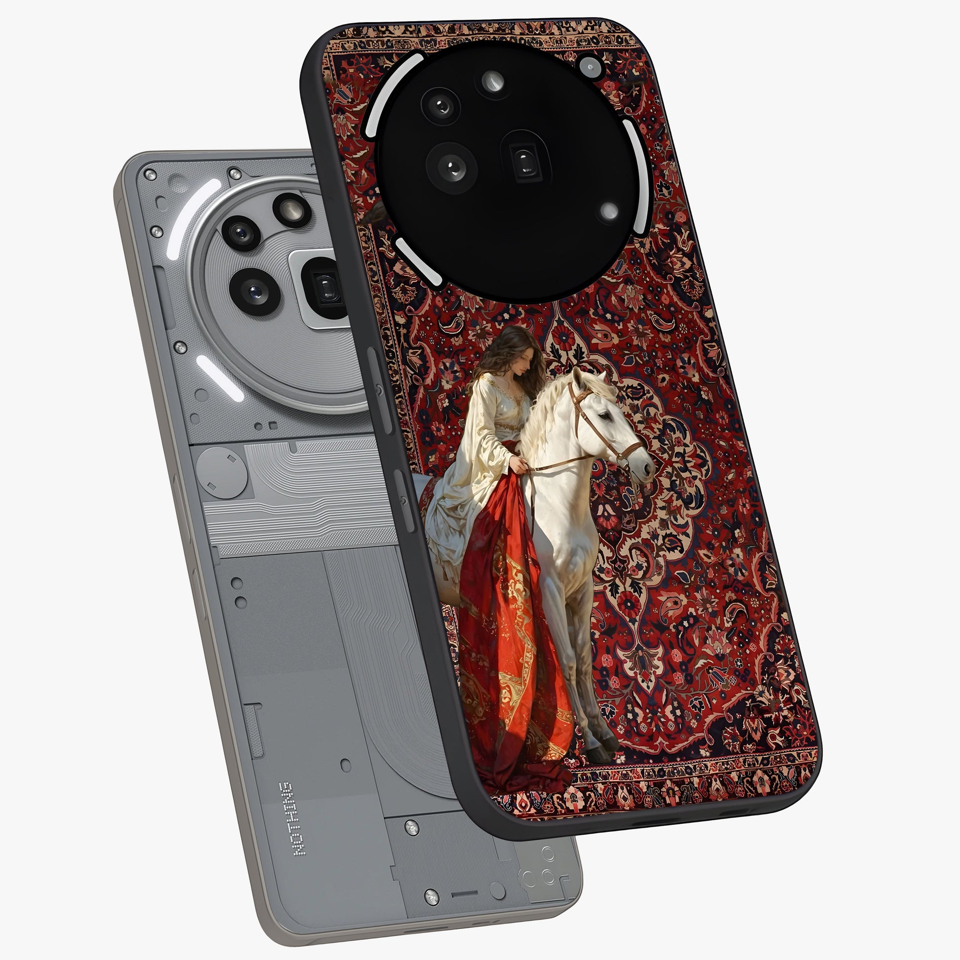 Royal Rider Tapestry Glass Case displayed in angled mockup highlighting traditional tapestry design with royal heritage aesthetic.
